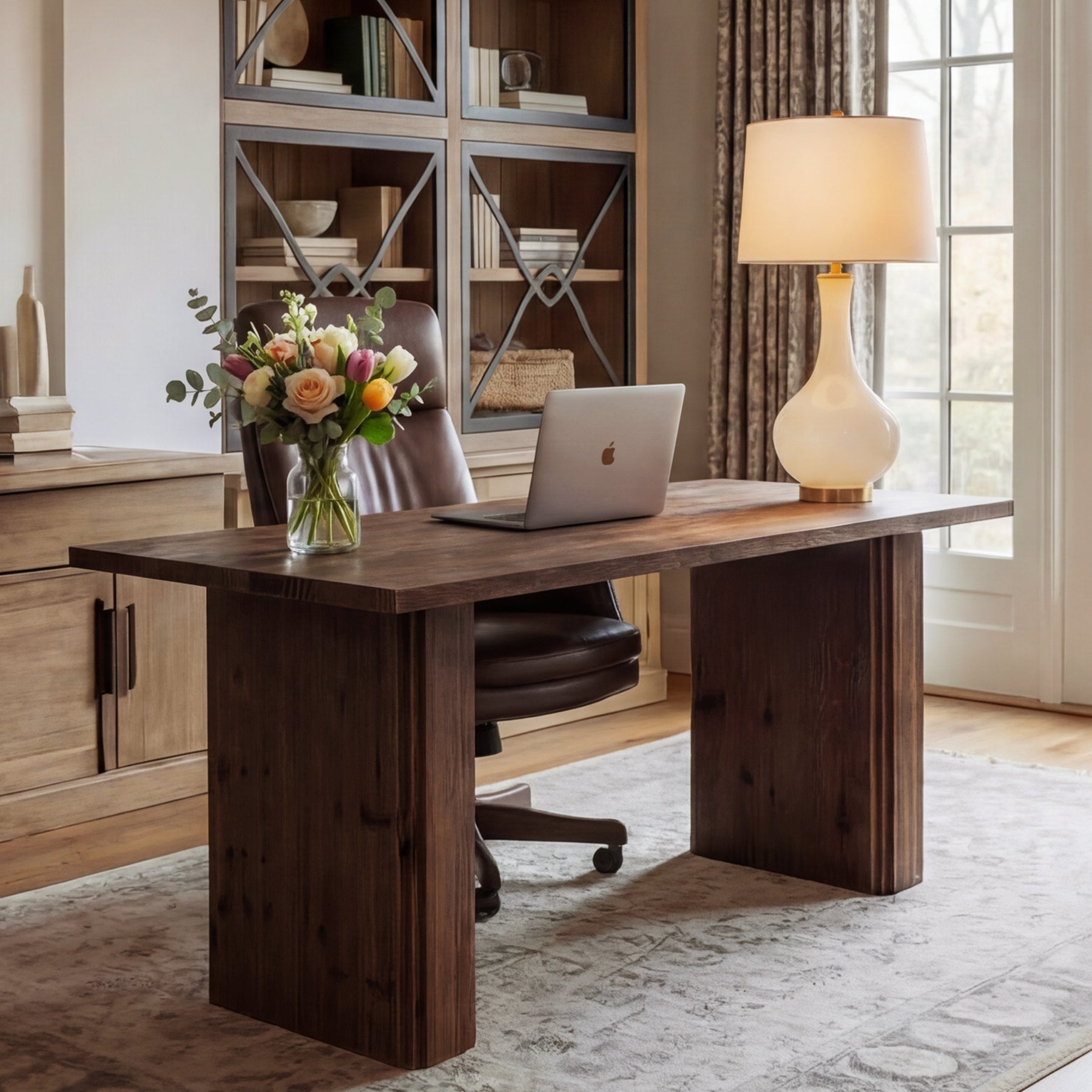 63” Solid Wood Executive Desk, Large Modern Home Office Desk with Spacious Work Surface and Sturdy Wood Legs