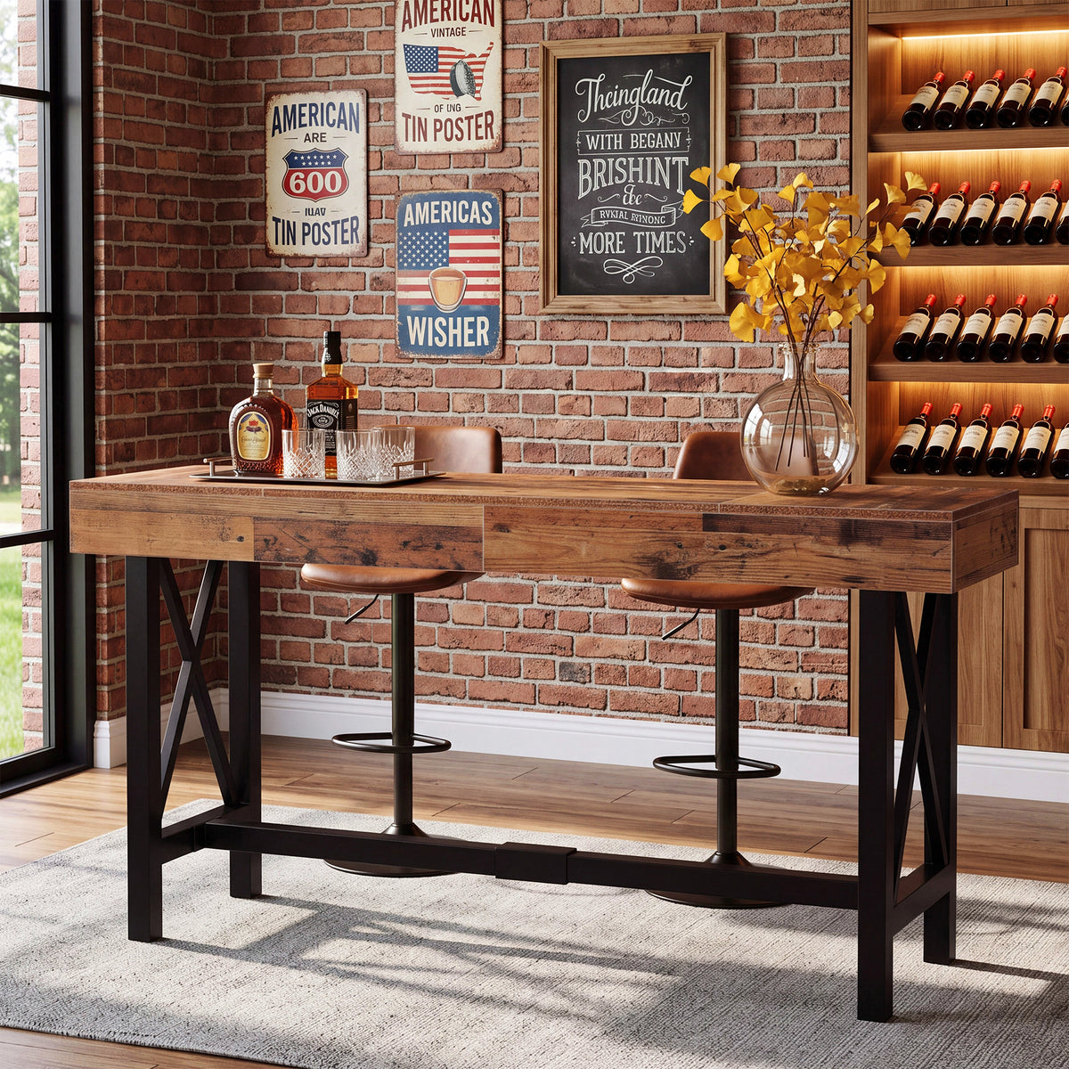 71" Counter Height Bar Table, Industrial Rectangular Pub Table with Metal Footrest