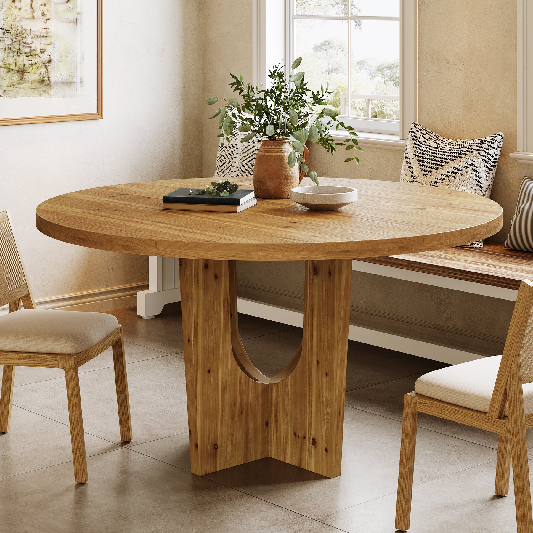 Solid Wood Round Dining Table, 47.2" Farmhouse Kitchen Table for 4-6 People