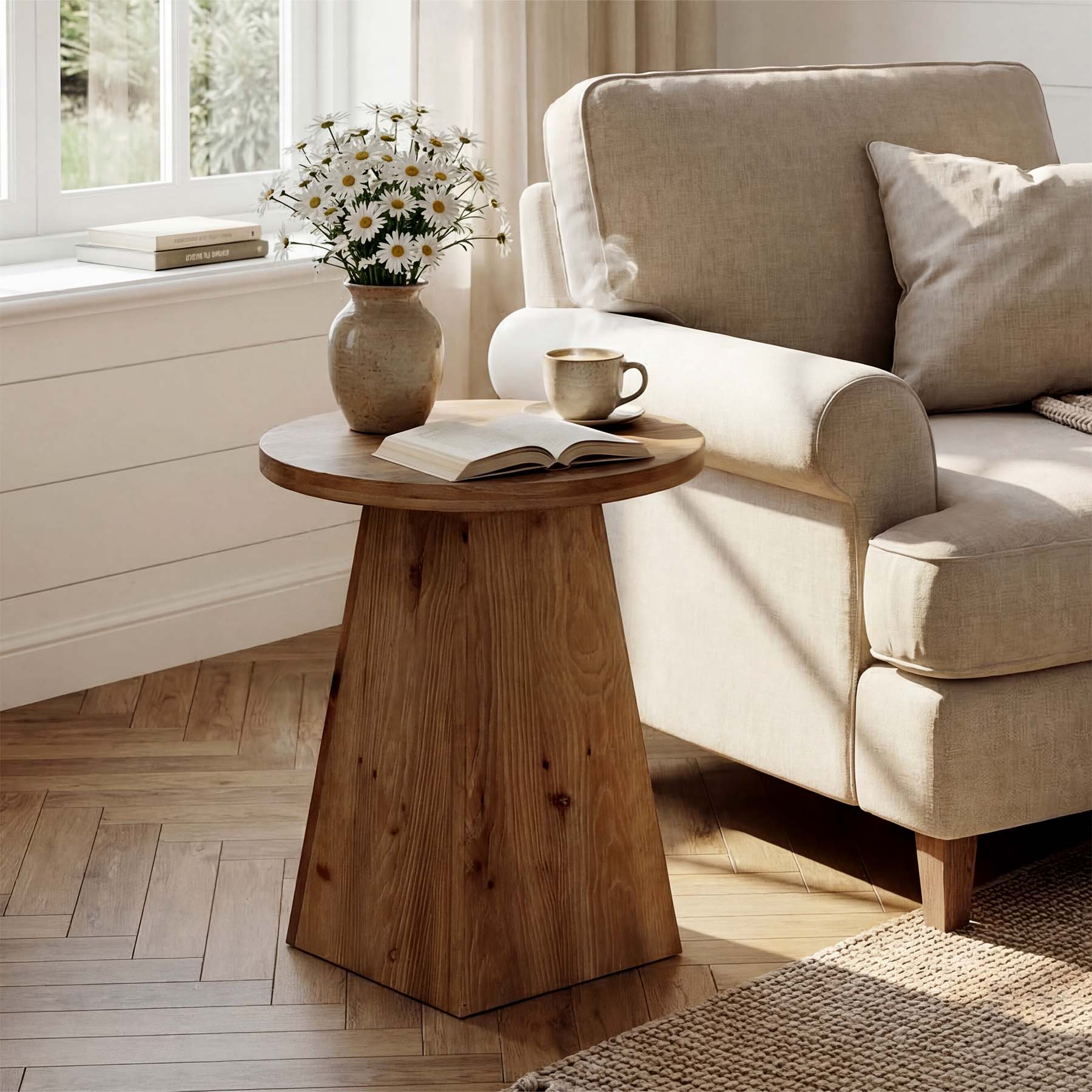 18.9 Inch Solid Wood End Table with Trapezoid Base, Round Side Table for Living Room Small Spaces