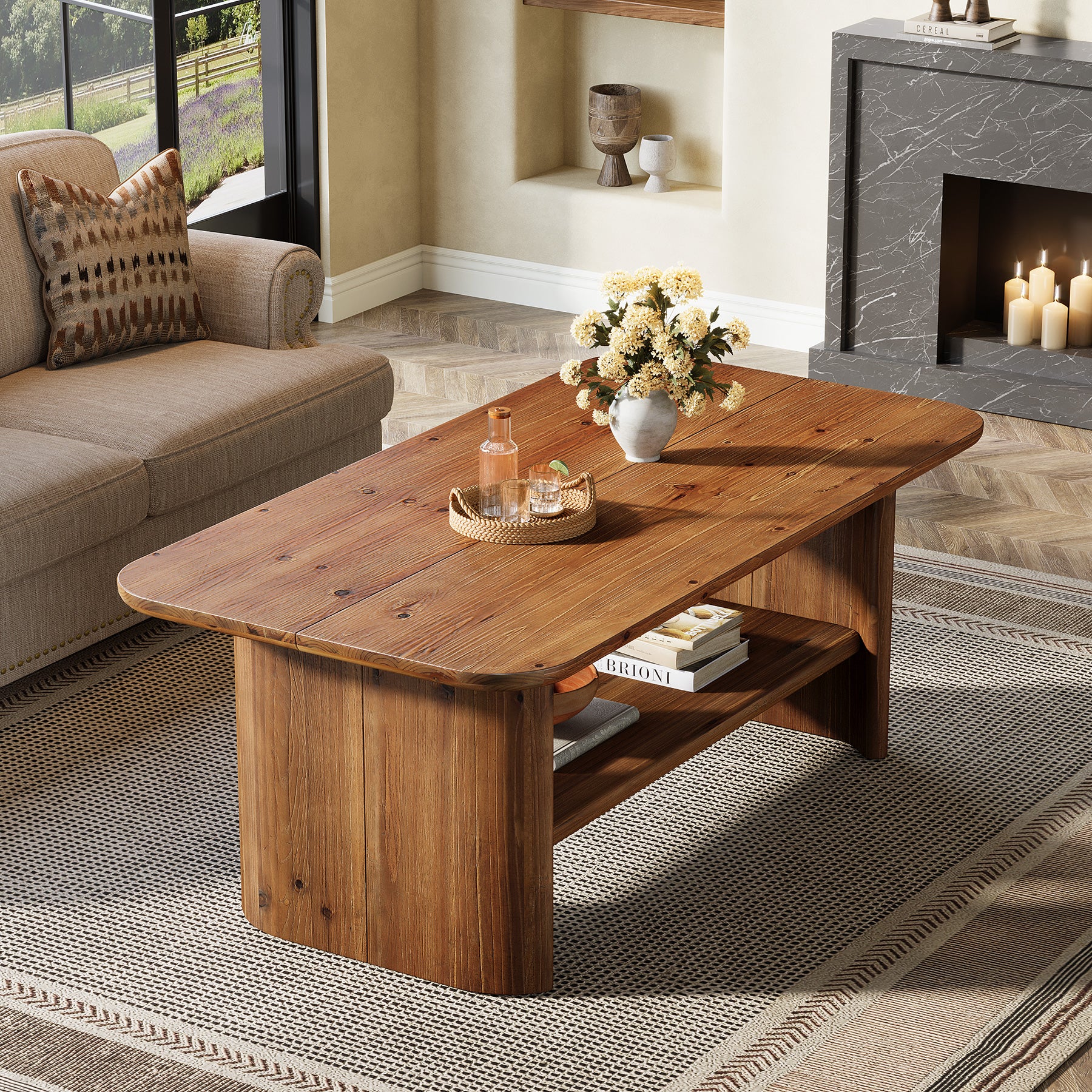 47" Solid Wood Coffee Table, Rectangle Center Table with 2-Tier Storage