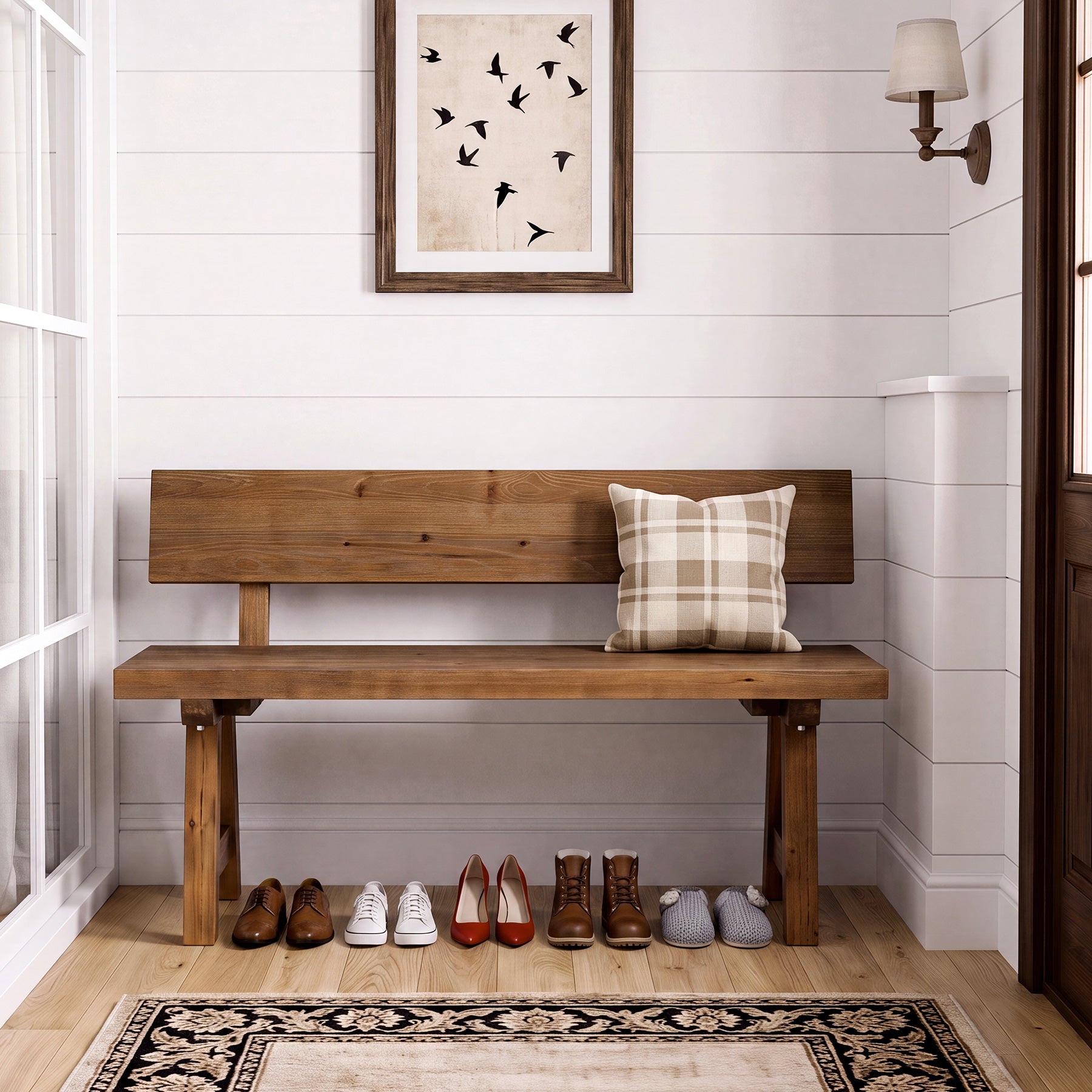 Solid Wood Entryway Bench, Farmhouse Indoor Bench with Back for Hallway, Living room