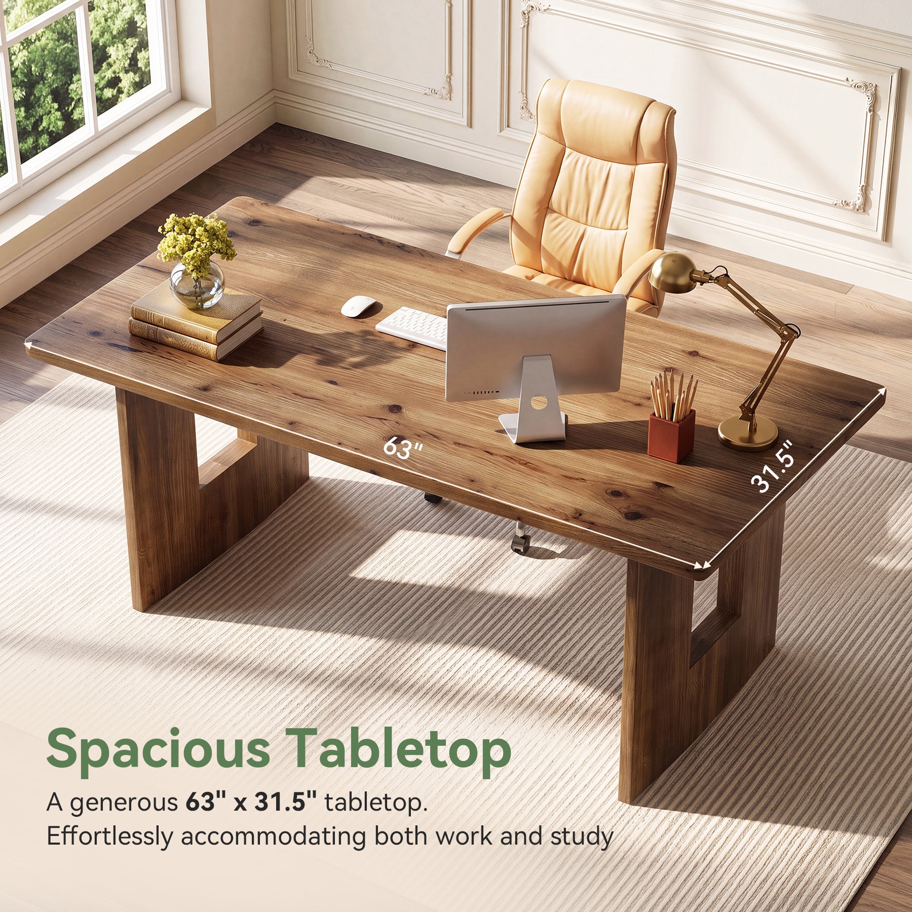 63" Solid Wood Computer Desk, Home Office Executive Desk with Sturdy Frame