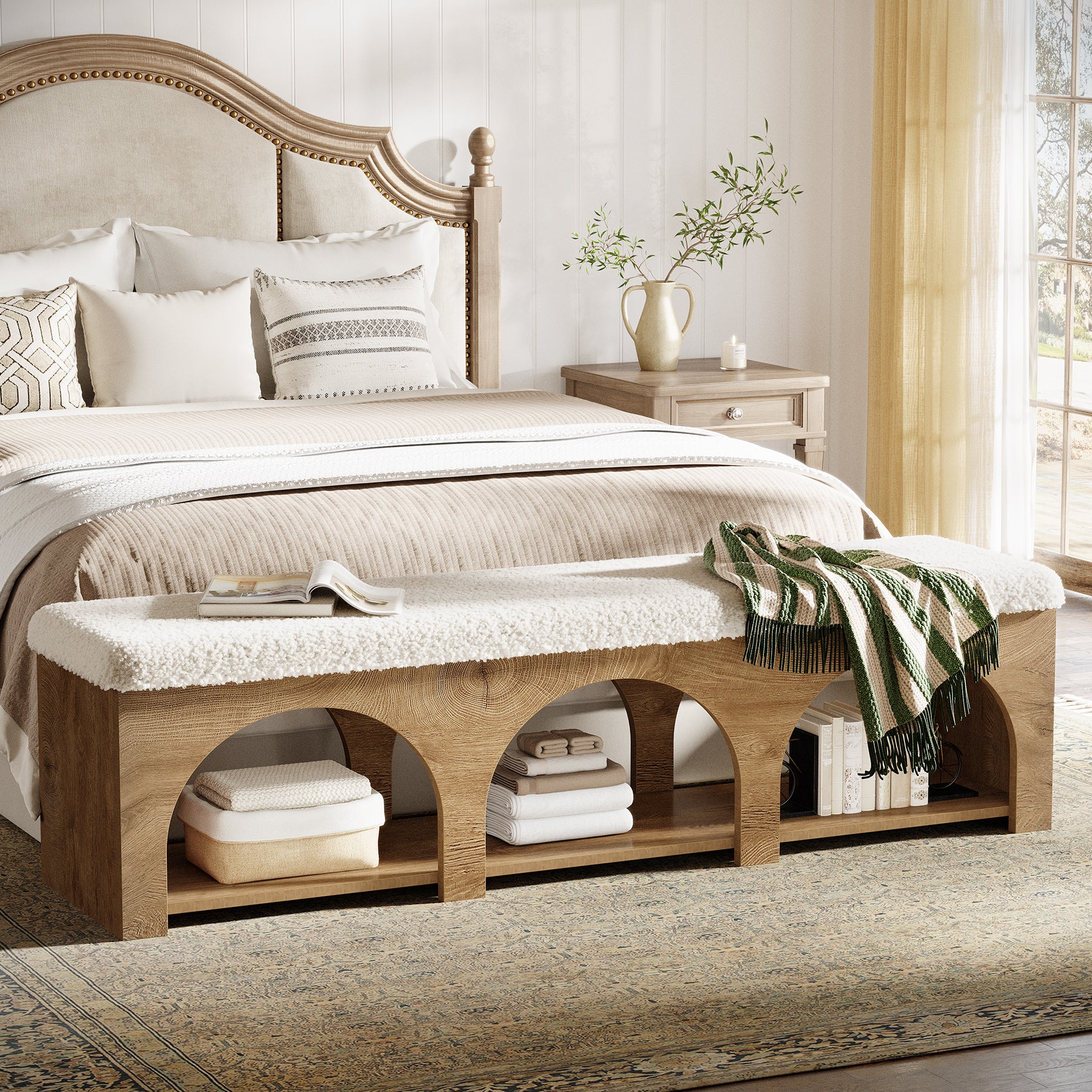 63" Upholstered Entryway Bench, 2-Tier Shoe Bench with Cushion and Shelf