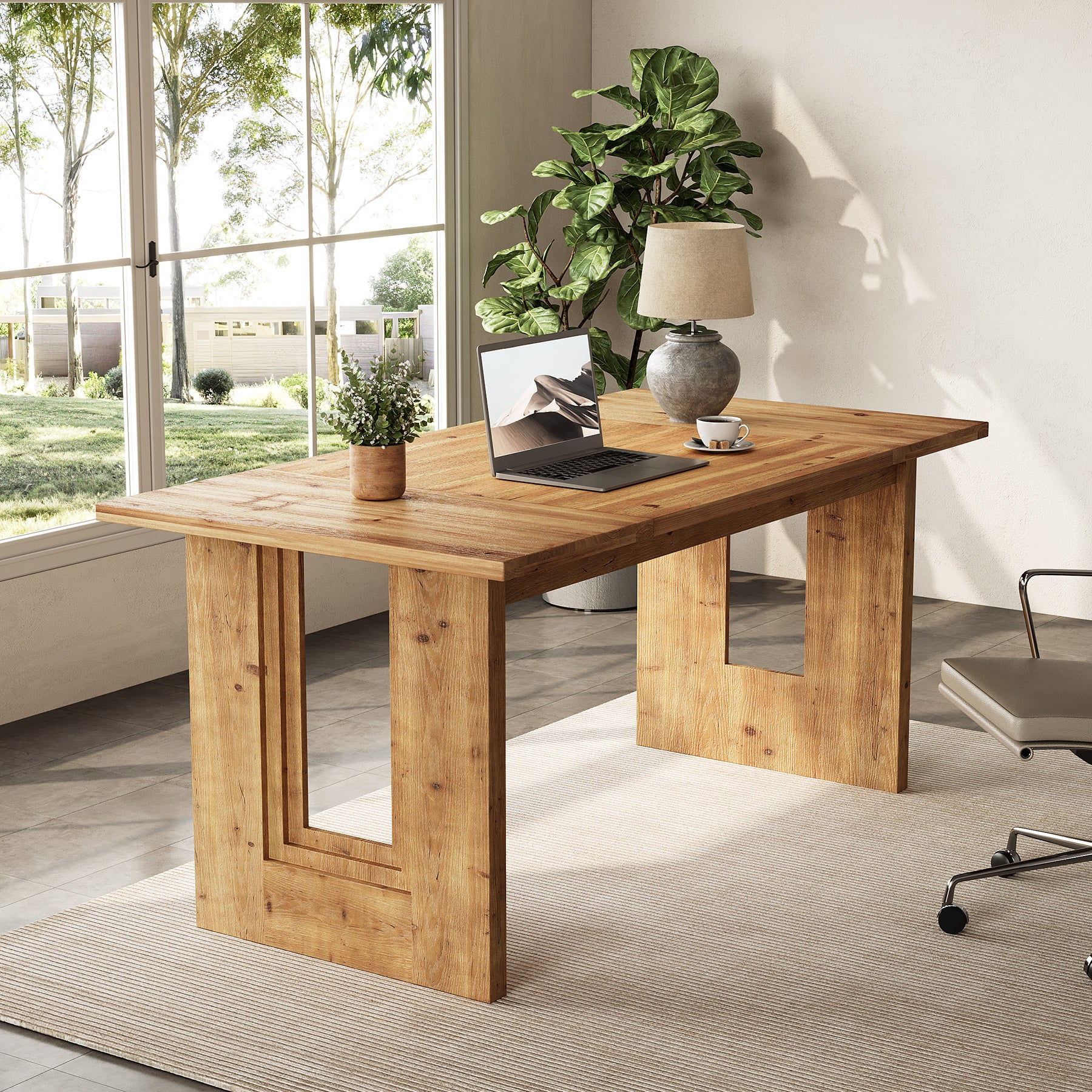 63" Solid Wood Farmhouse Dining Table for 6, Rectangular Wooden Kitchen Table