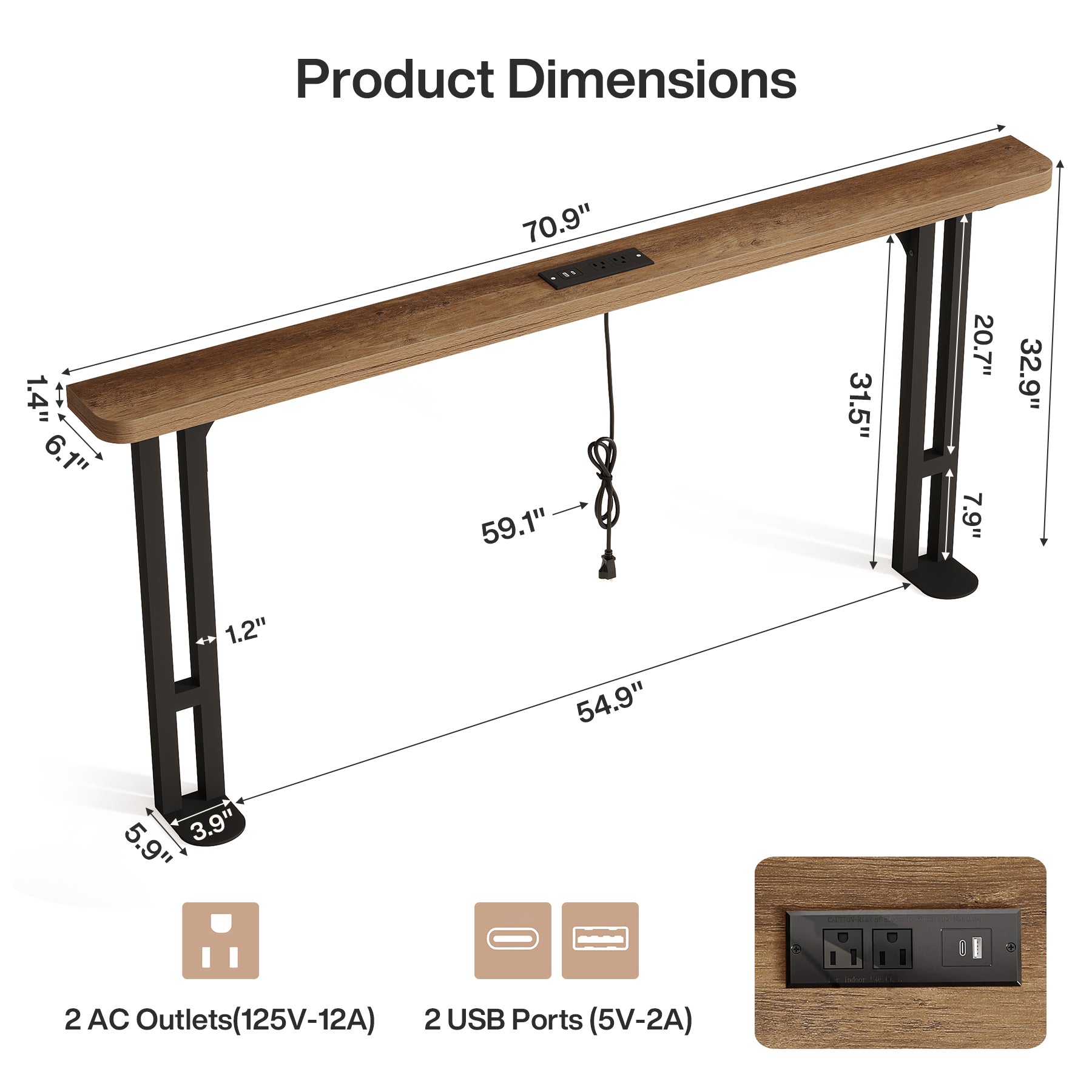 70.9" Narrow Console Table, Skinny Sofa Table with Power Outlet for Living Room