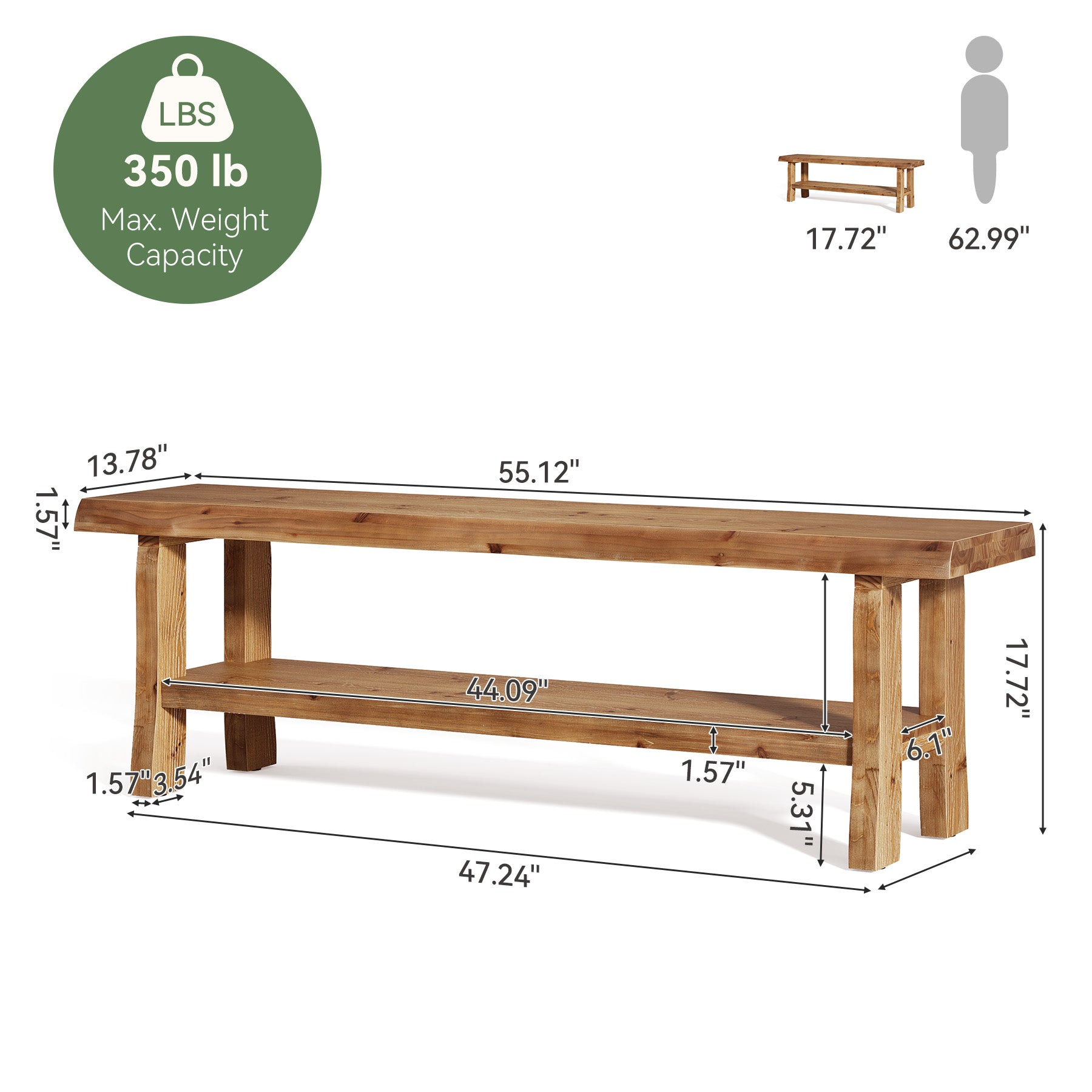 55" Shoe Bench, Solid Wood Entryway Bench End of Bed Stool with Lower Shelf