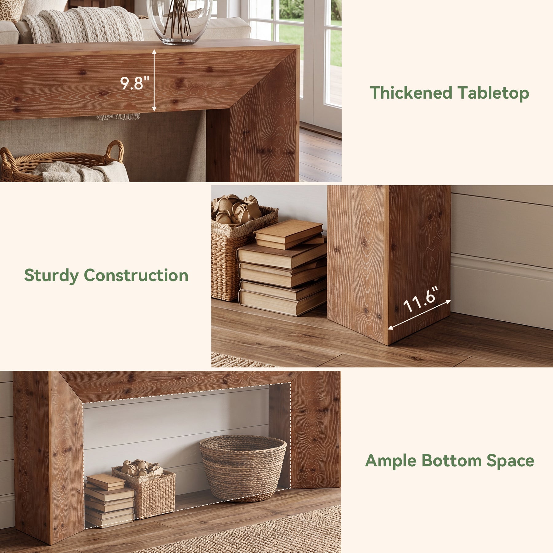 70.9"Solid Wood Console Table, Farmhouse Entryway Table with Hidden Back Storage for Hallway