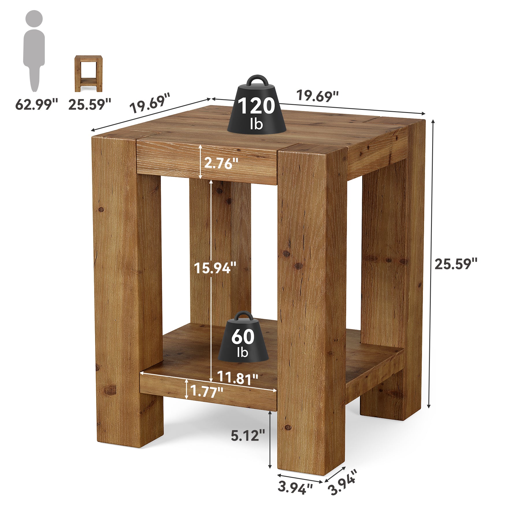 19.6" Farmhouse Side Table, Solid Wood 2-Tier End Table with Storage Shelves