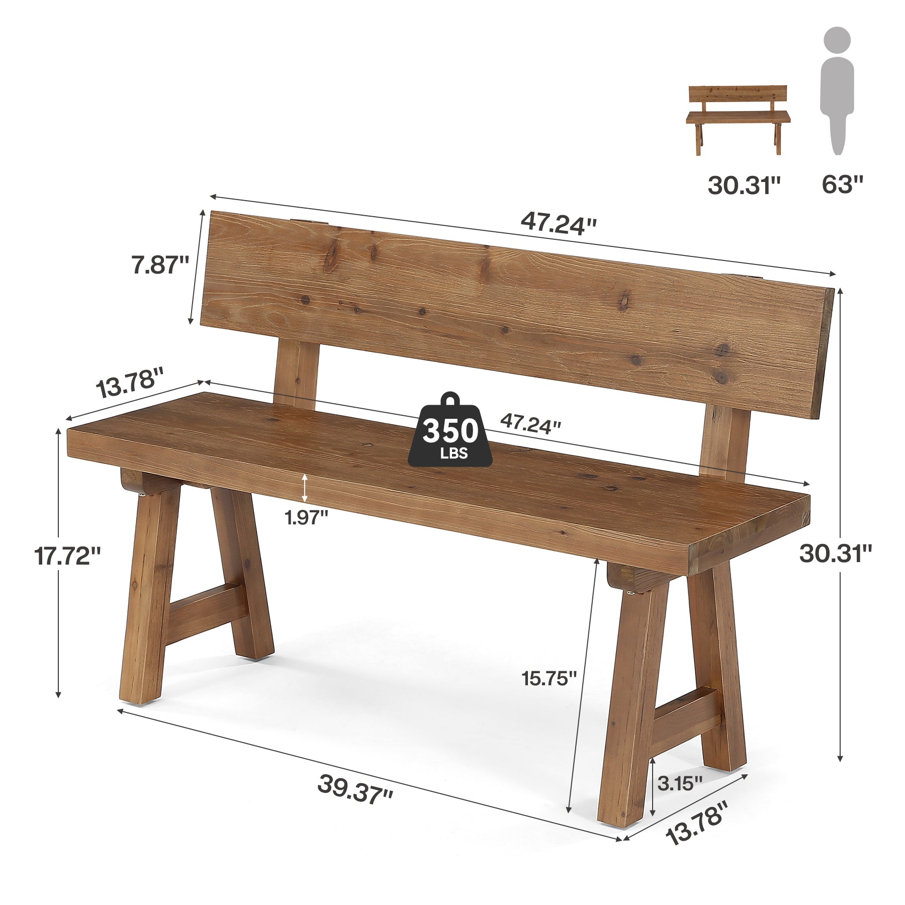 Solid Wood Entryway Bench, Farmhouse Indoor Bench with Back for Hallway, Living room