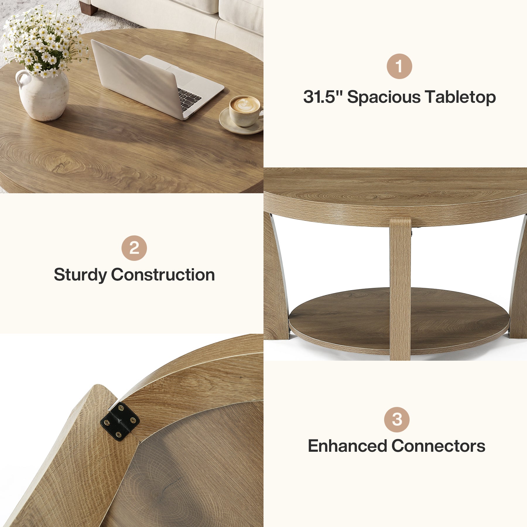 31.5" Round Coffee Table, Farmhouse Center Table with Storage, Easy Assembly