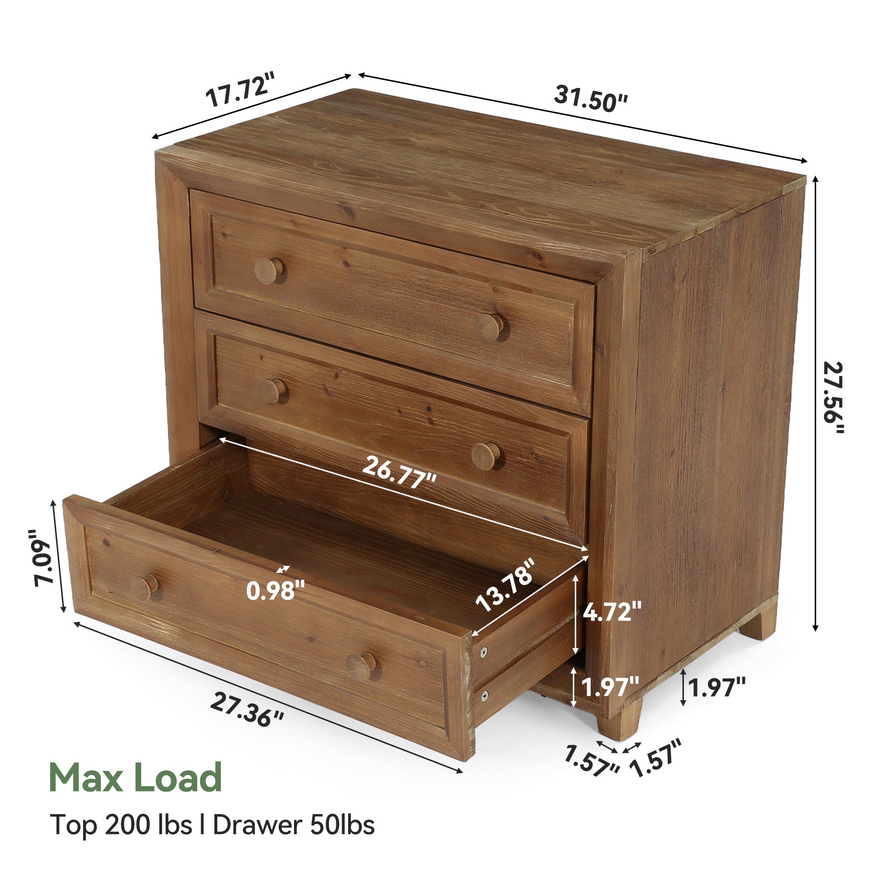 31.5" Wide Nightstand, Solid Wood Bedside Table with 3 Drawers