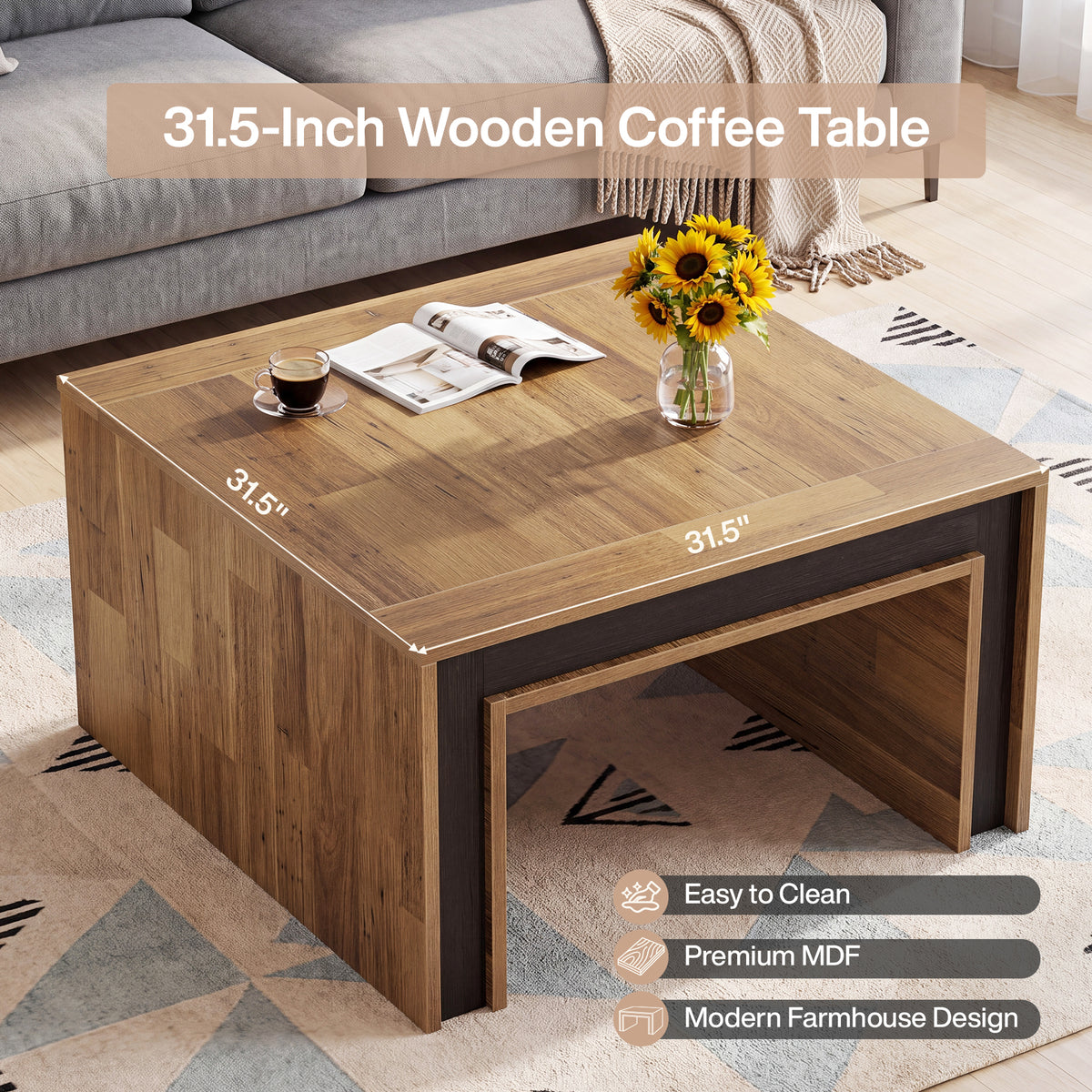 31.5" Square Coffee Table, Modern Center Table with Heavy Duty Base for Living Room