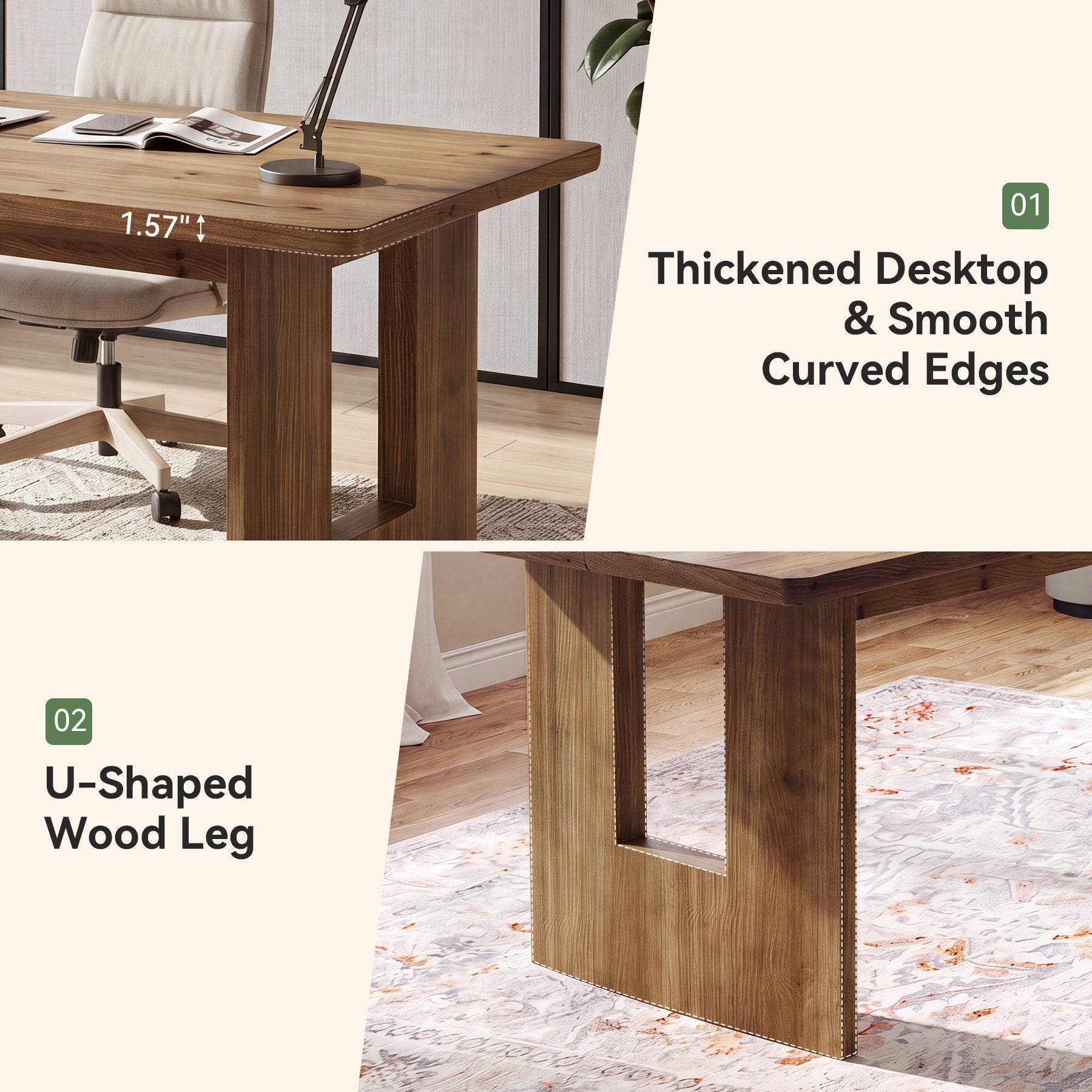 63" Solid Wood Computer Desk, Home Office Executive Desk with Sturdy Frame