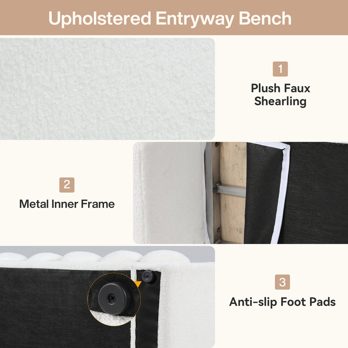63" Modern Upholstered Entryway Bench with Removable Faux Lamb Wool Roll Cushions