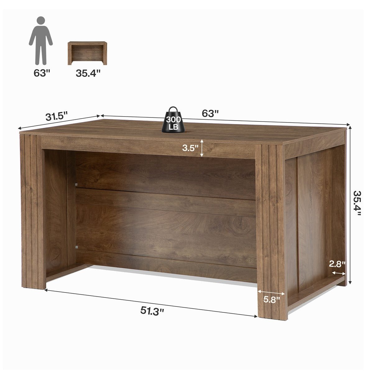 63" Kitchen Island with Seating Space for 4, Wood Island Table with Two-Sided Legroom