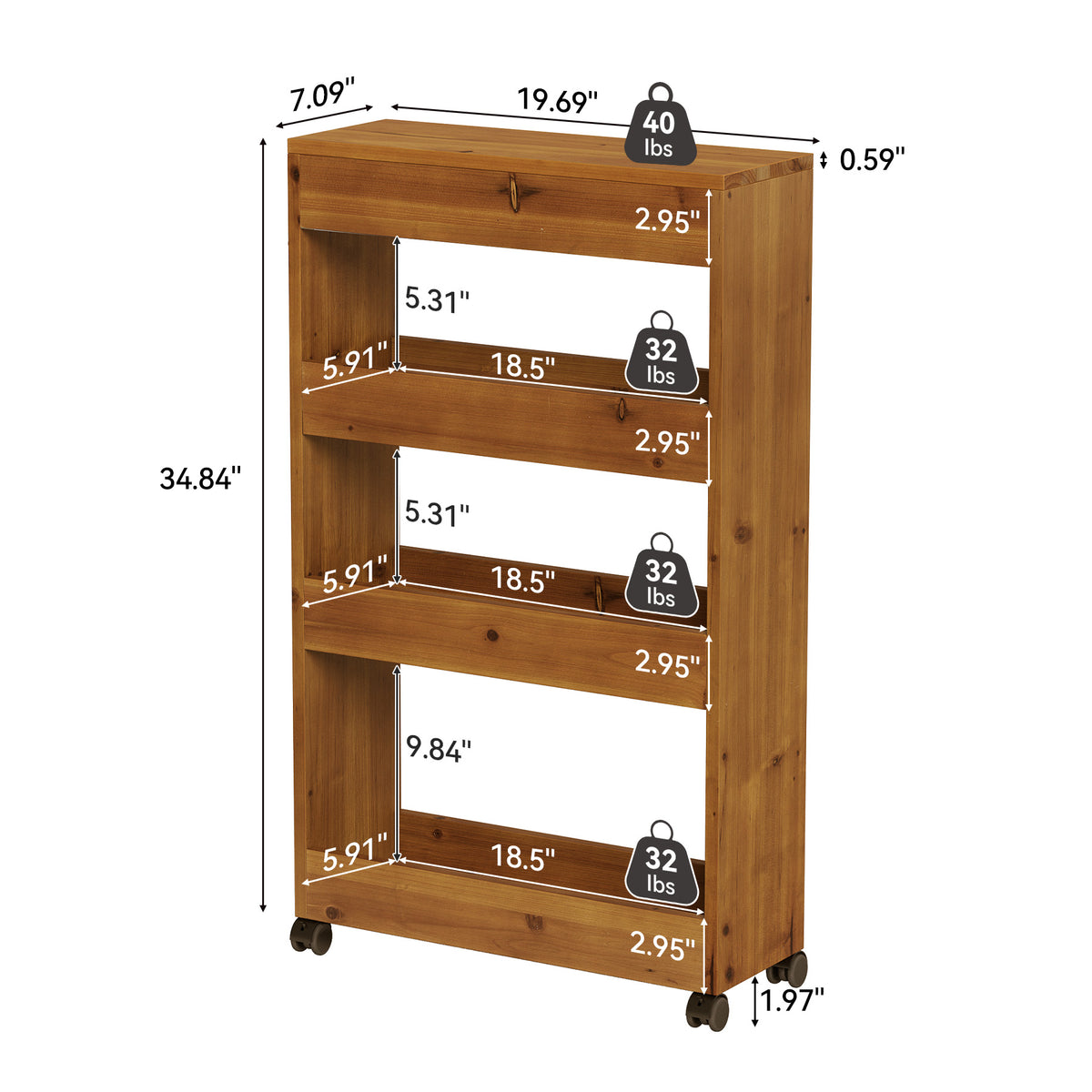 Solid Wood Kitchen Cart, Rolling Kitchen Trolley with 4-Tier Storage for Small Spaces