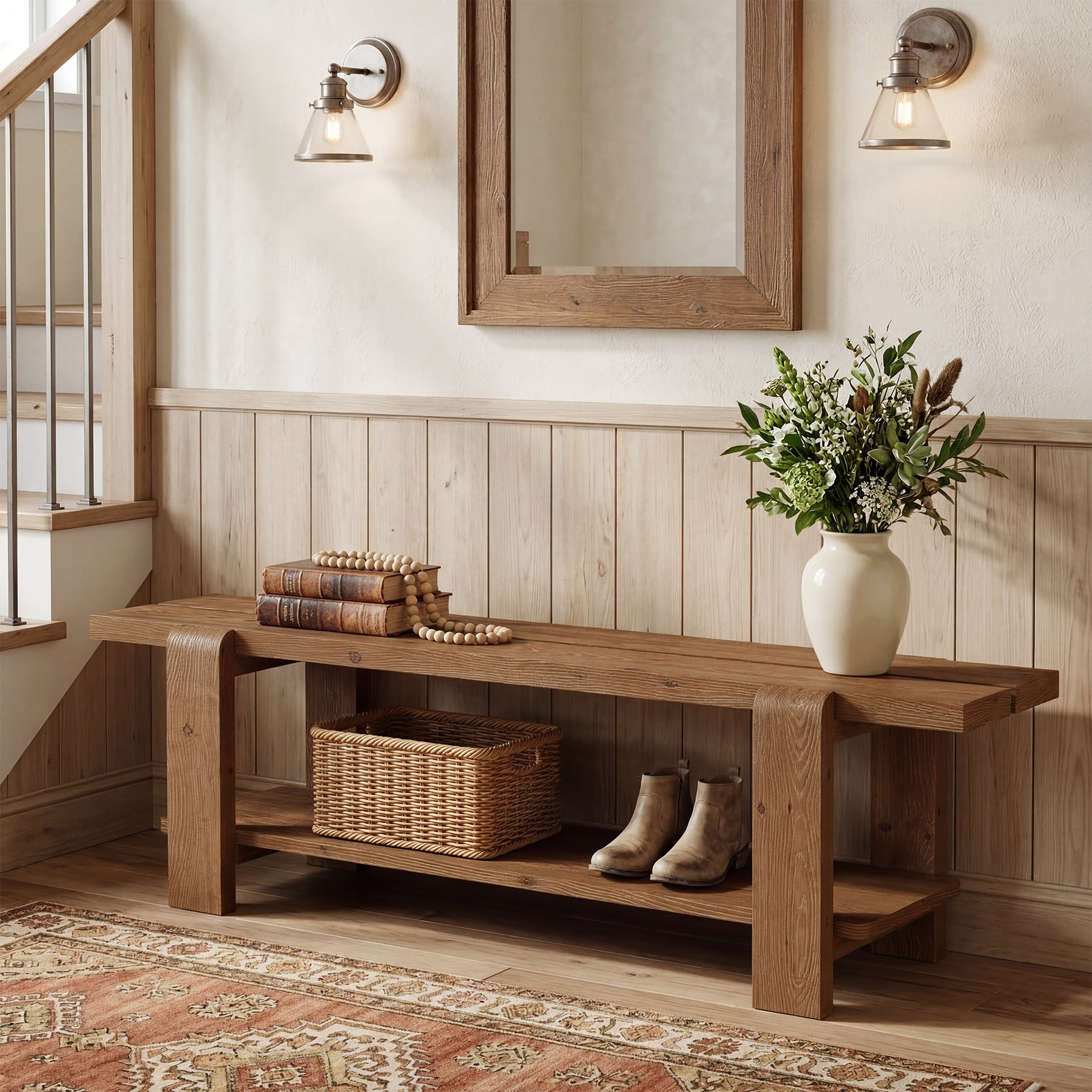 Tribesigns 63" Solid Wood Entryway Bench, Farmhouse Shoe Storage Bench for Hallway