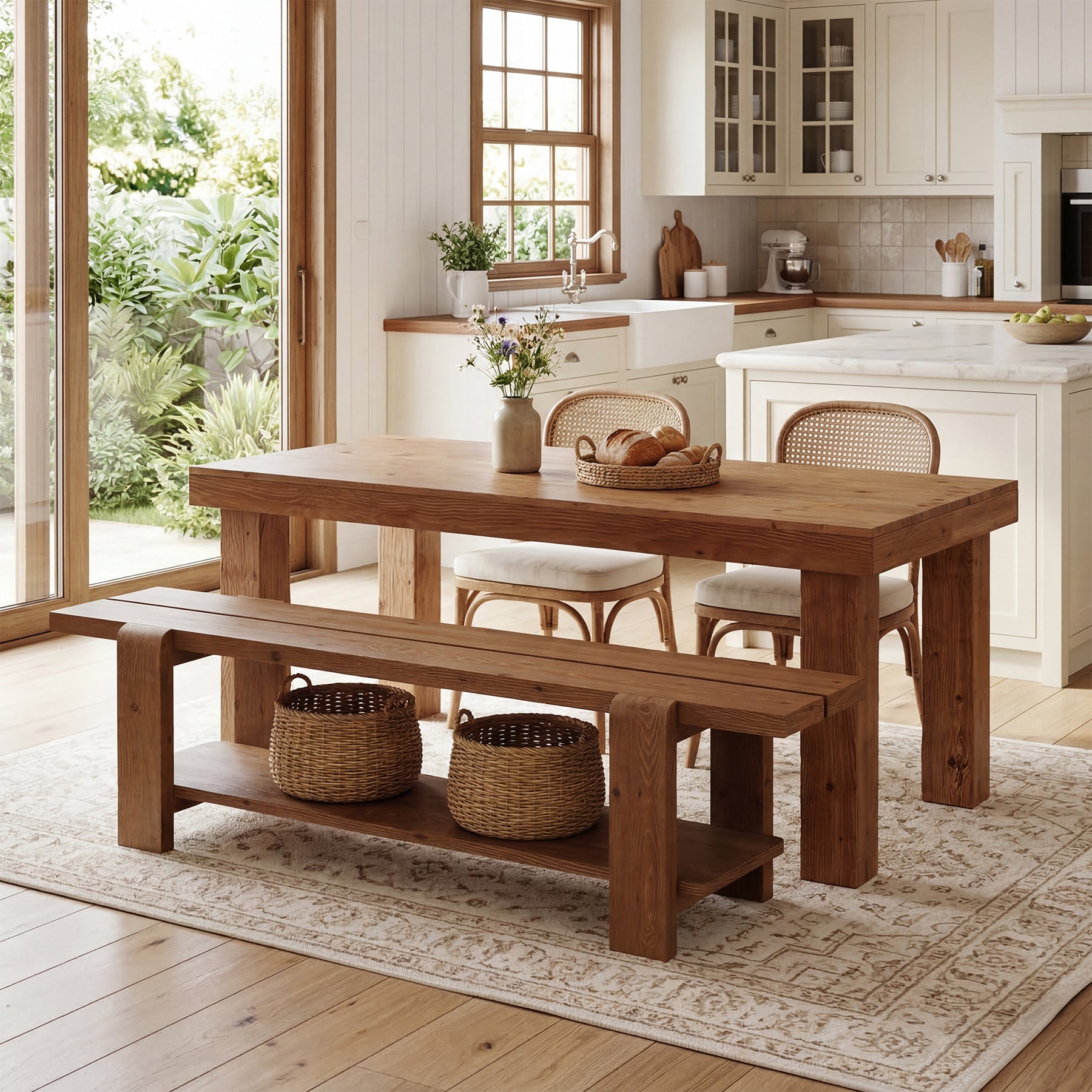 63" Solid Wood Dining Bench, Rustic Kitchen Bench with Storage Shelf