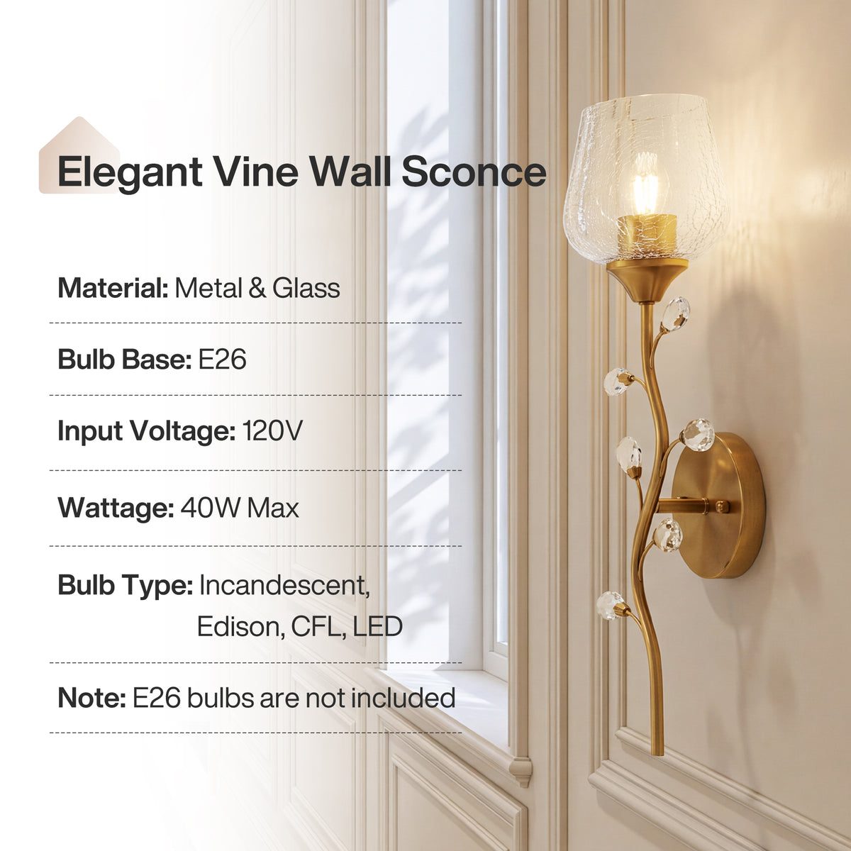20" Gold Floral Wall Sconce, Crystal Wall Light with Crackle Glass Shade