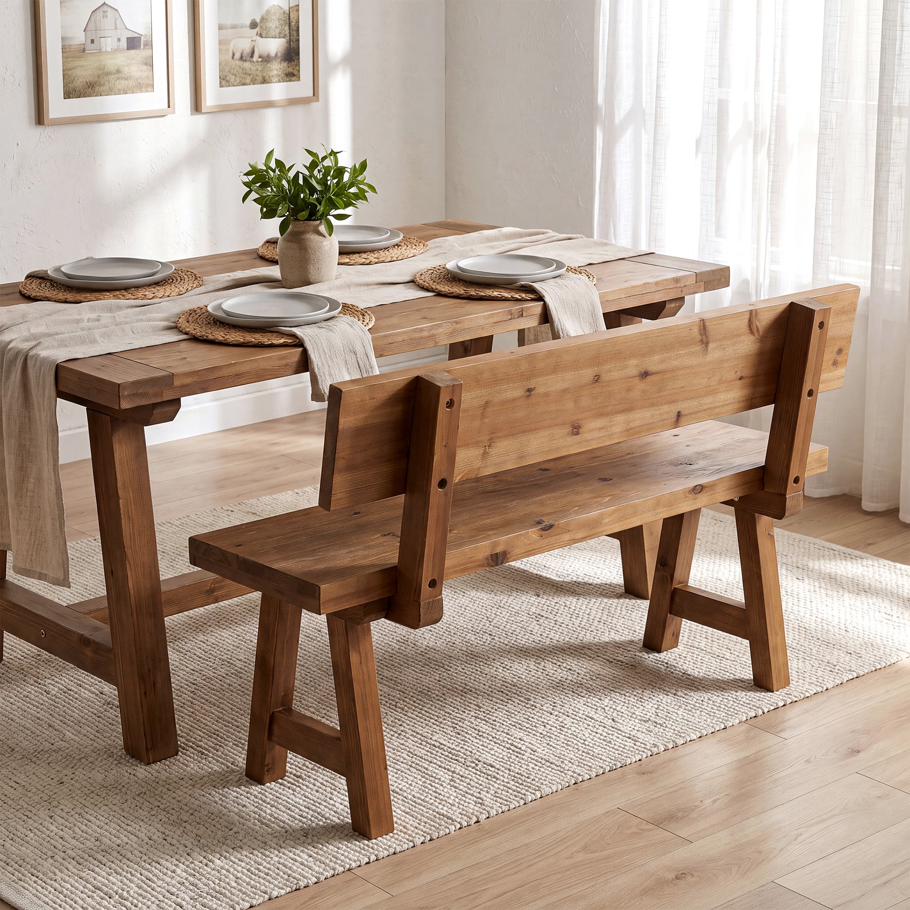 Solid Wood Entryway Bench, Farmhouse Indoor Bench with Back for Hallway, Living room