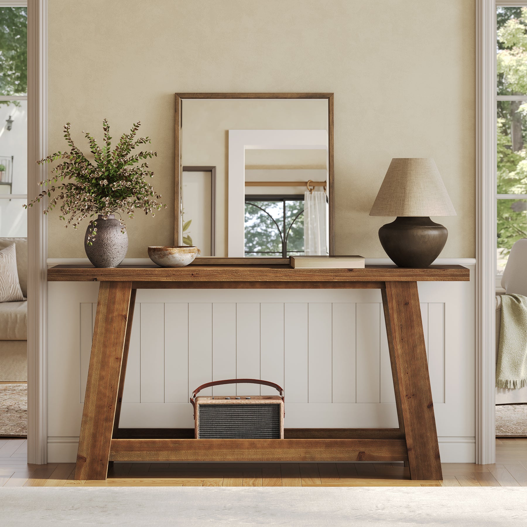 63" Console Table, Farmhouse Wood Sofa Entryway Table with 2-Tier Shelf