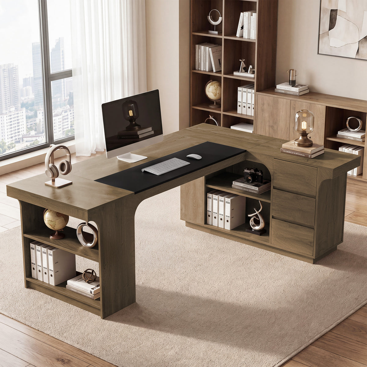 78" L-Shaped Executive Desk, Farmhouse Wood with 3 Drawers & Dual-Side Open Shelves