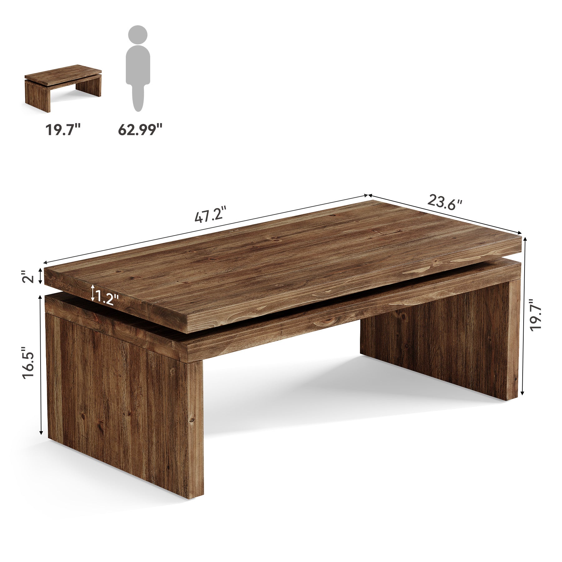 47" Solid Wood Coffee Table, Farmhouse Rectangle Cocktail Table with Thick Tabletop for Living Room