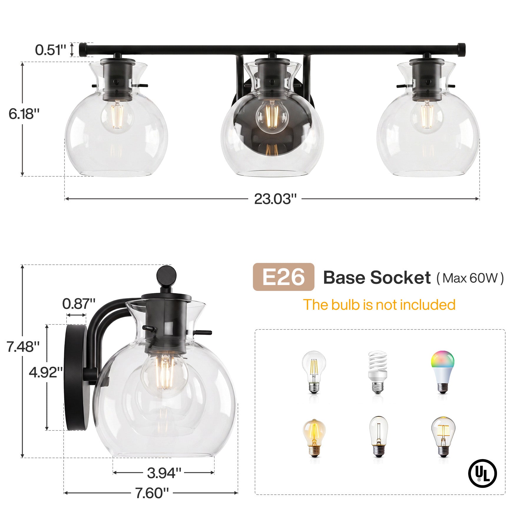3-Light Bathroom Vanity Light, Modern Wall Light Fixture with Clear Glass Shades