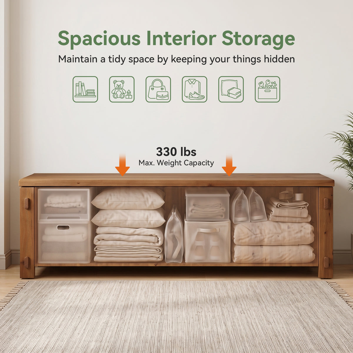 63" Solid Wood Storage Bench, Farmhouse End of Bed Bench with Soft-Close Lid for Bedroom