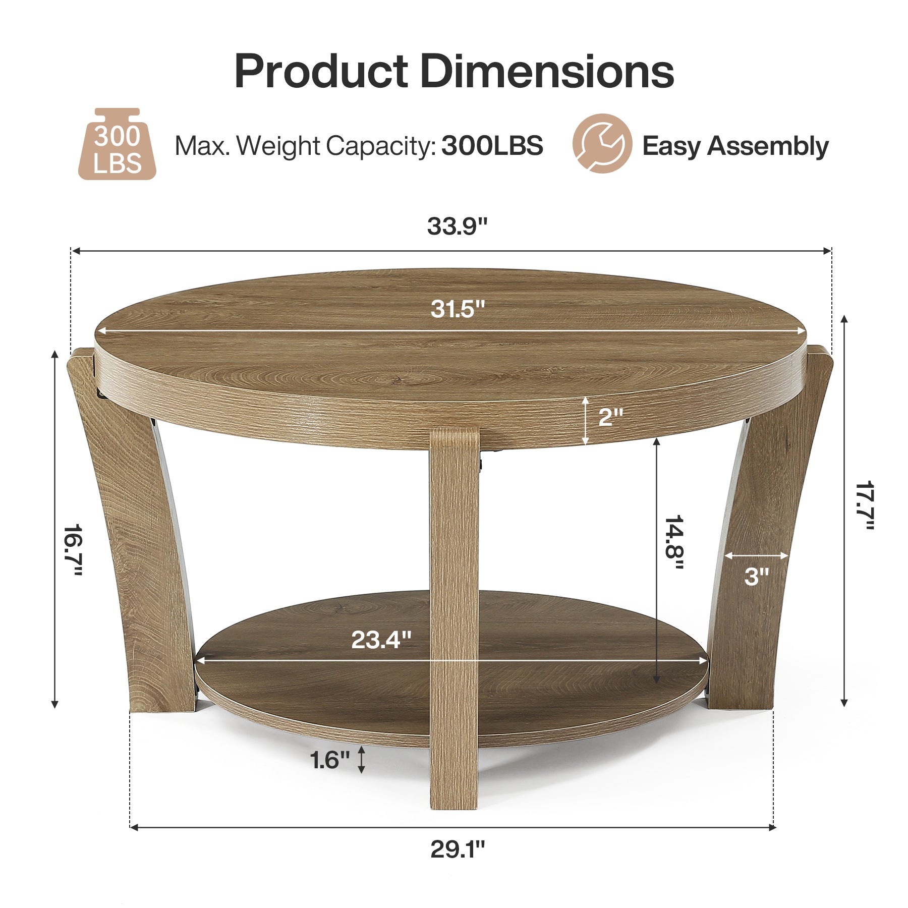 31.5" Round Coffee Table, Farmhouse Center Table with Storage, Easy Assembly