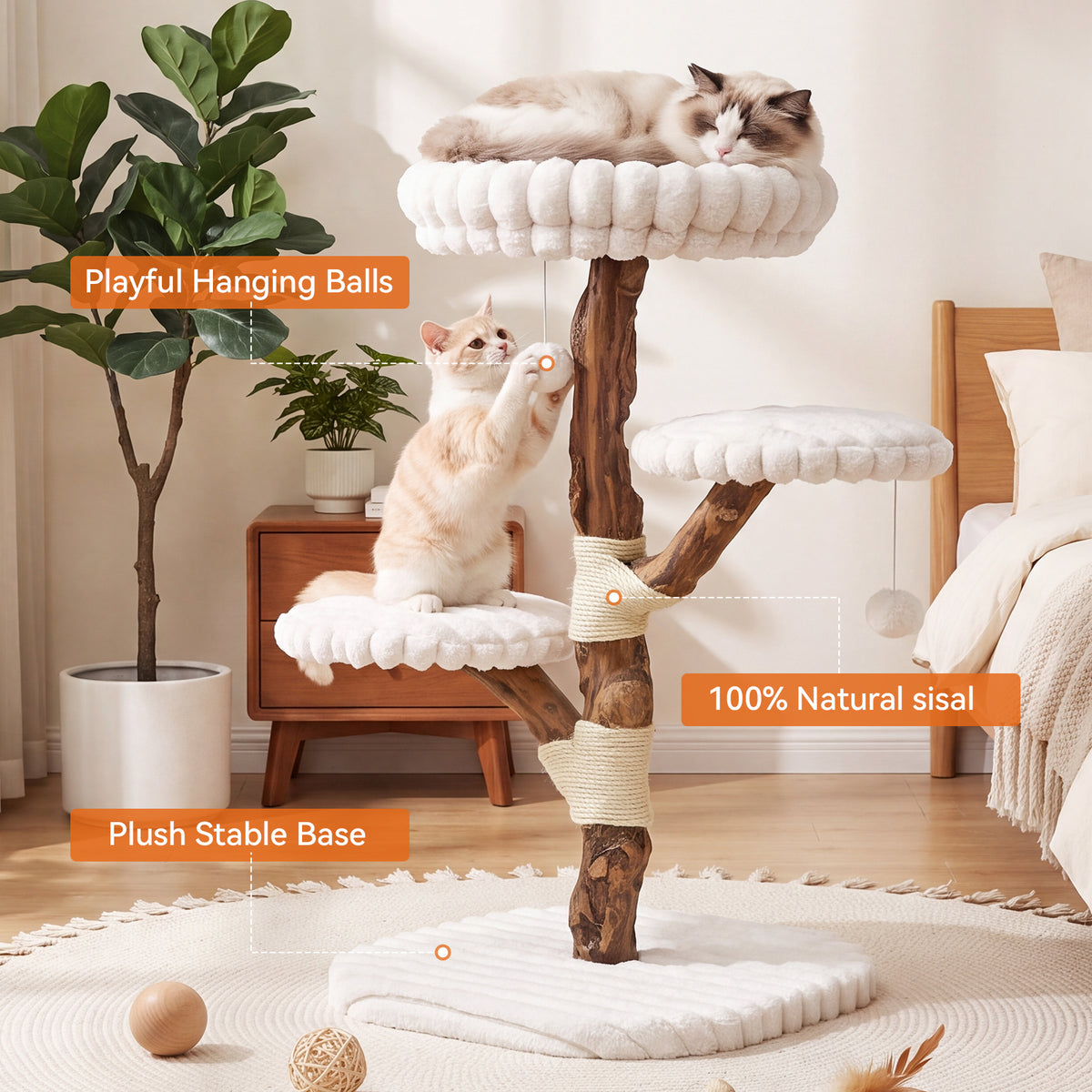 32" Tall Solid Wood Cat Tree with Scratching Posts, Modern Multi-Level Kitten Tower