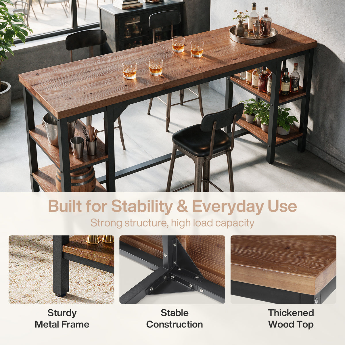 79" Industrial Bar Height Table with 2-Tier Side Storage, Rectangular Pub Table