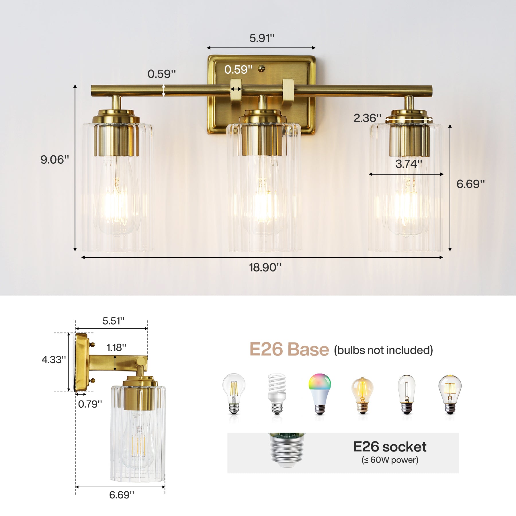 3-Light Bathroom Lighting, Adjustable Vanity Wall Sconce with Ribbed Glass Shades