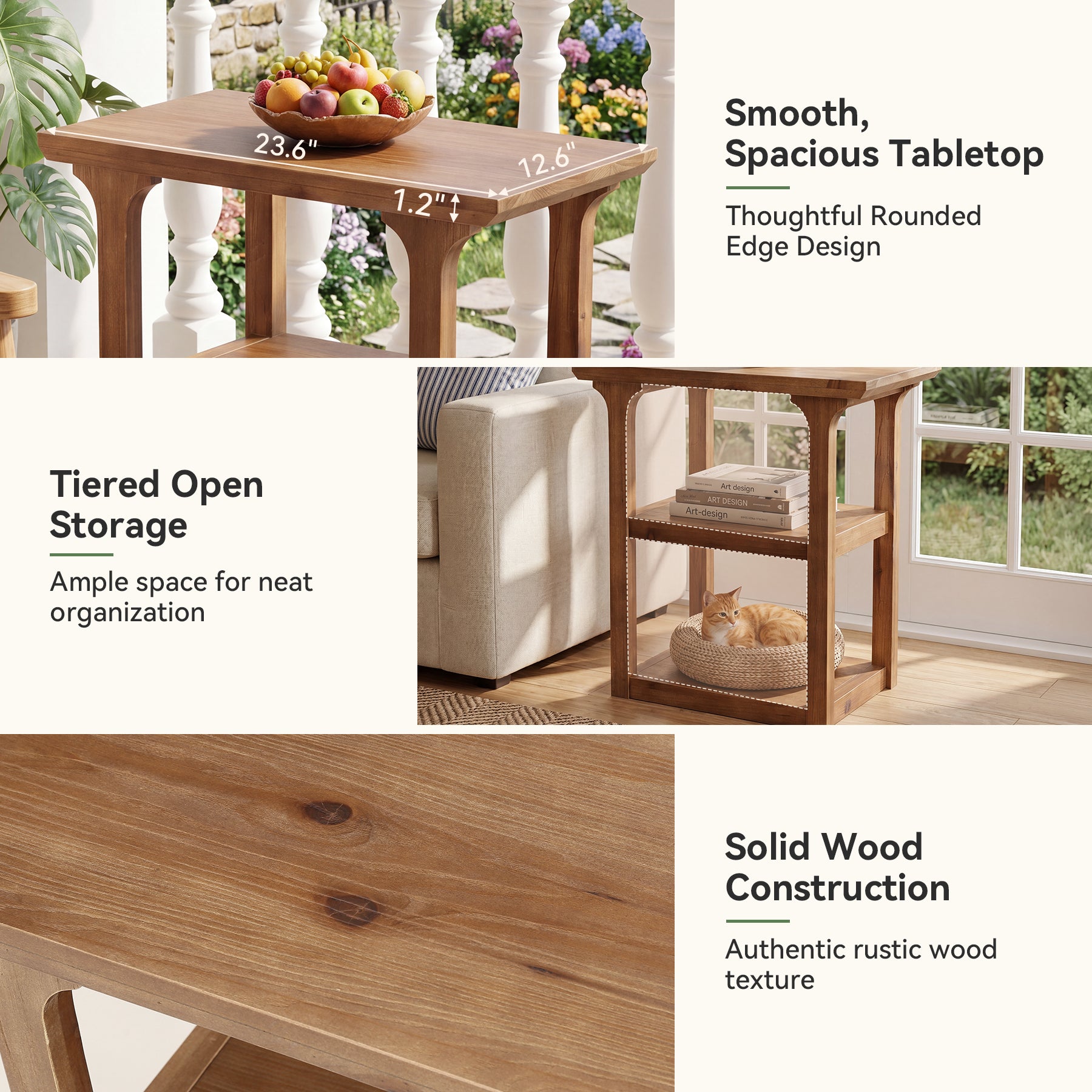 23.62" Solid Wood End Table, Farmhouse Side Table with 3-Tier Shelf for Living Room