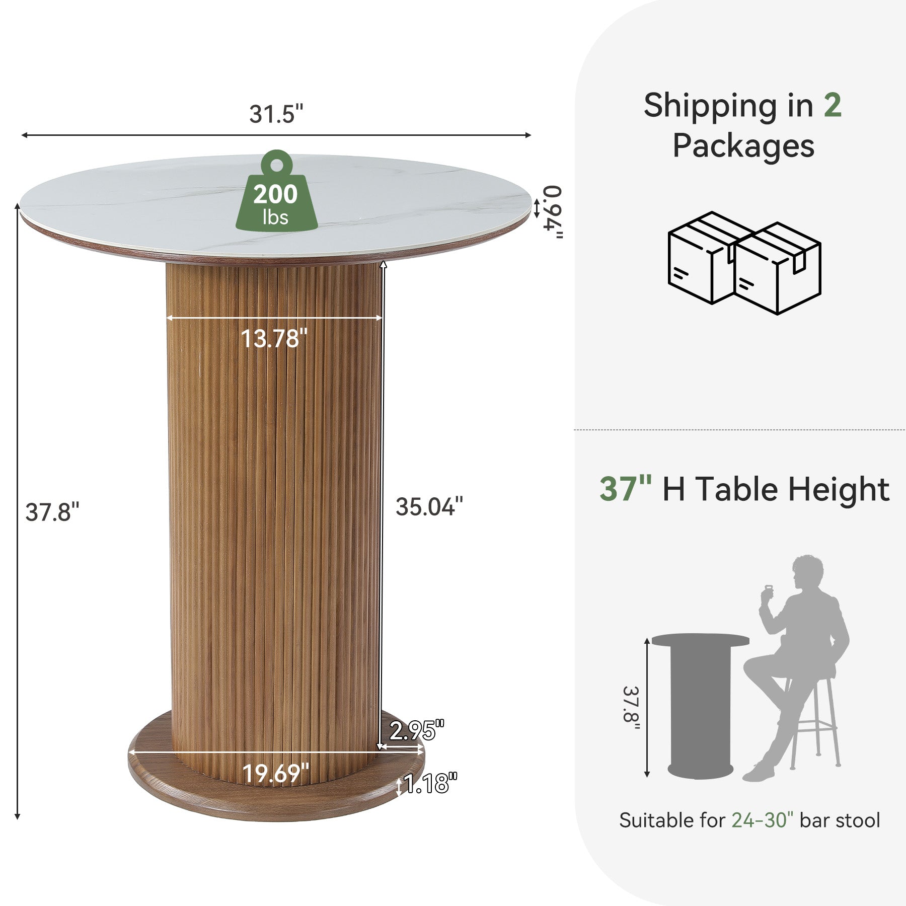 31.5" Round Bar Table, Marble Pub Table with Fluted Solid Wood Pedestal Base for 2
