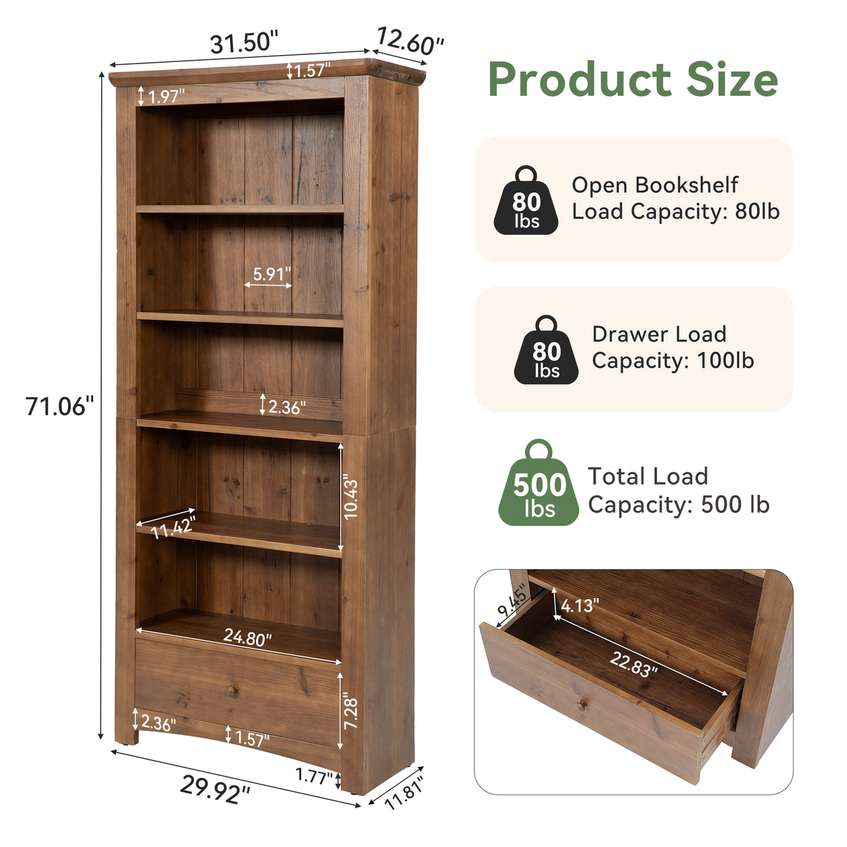 71" Tall Farmhouse Solid Wood Bookshelf with Drawer, 5-Tier Tall Bookcase
