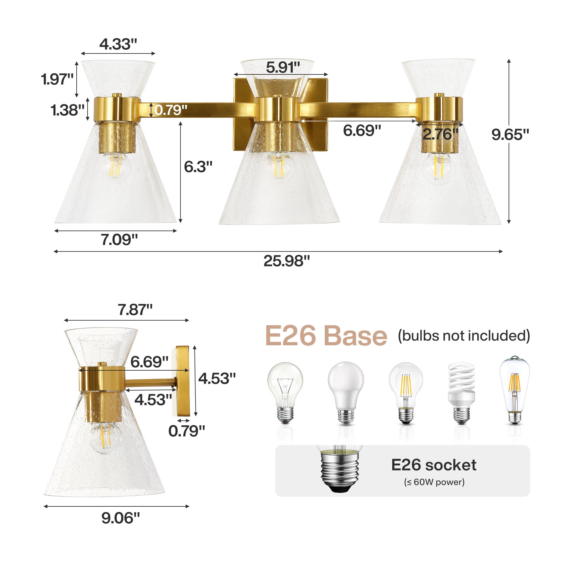 3-Light Bathroom Vanity Light, Seeded Glass Wall Light Fixtures Damp-Rated