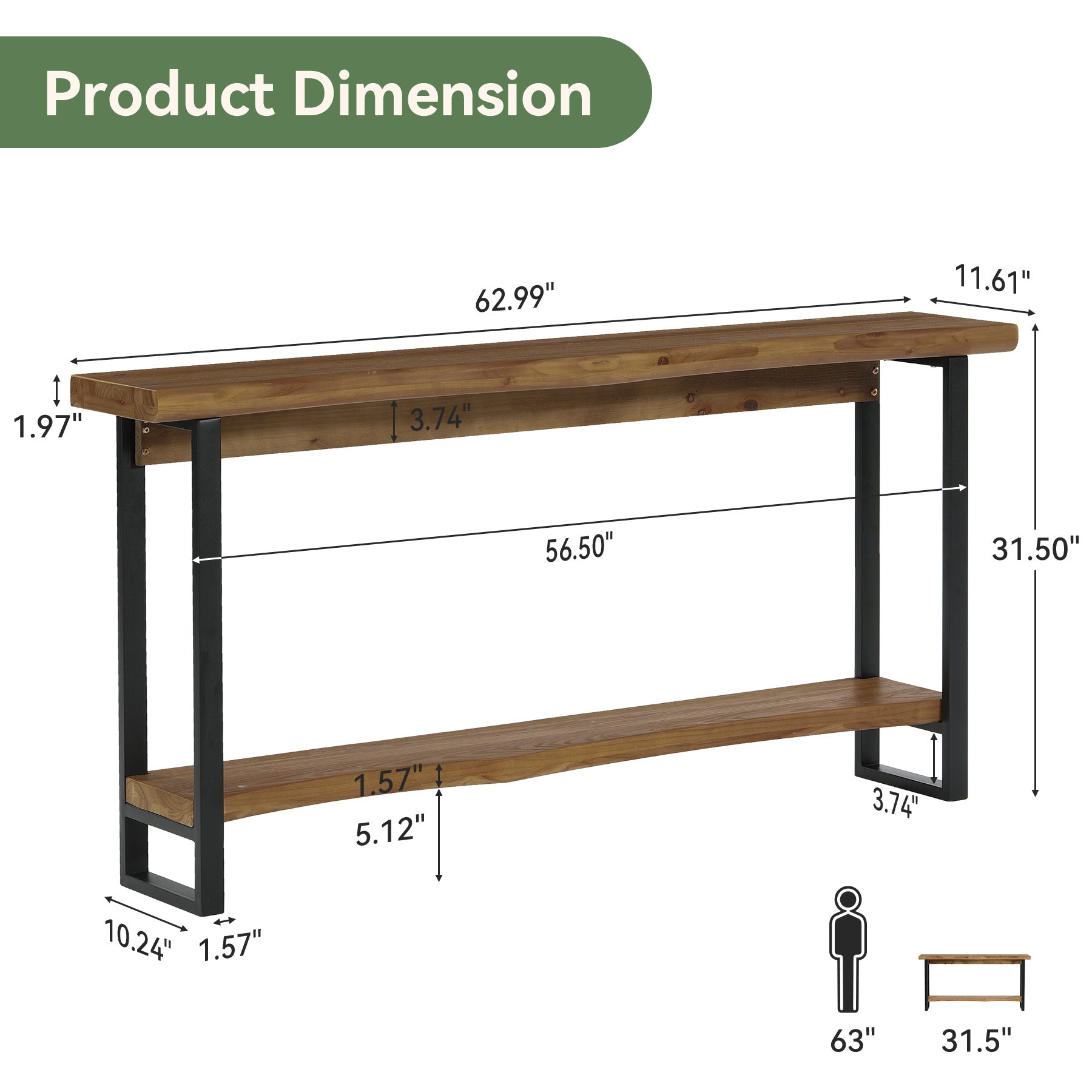63" Solid Wood Live-Edge Console Table with Metal Legs – Narrow Farmhouse Sofa Table