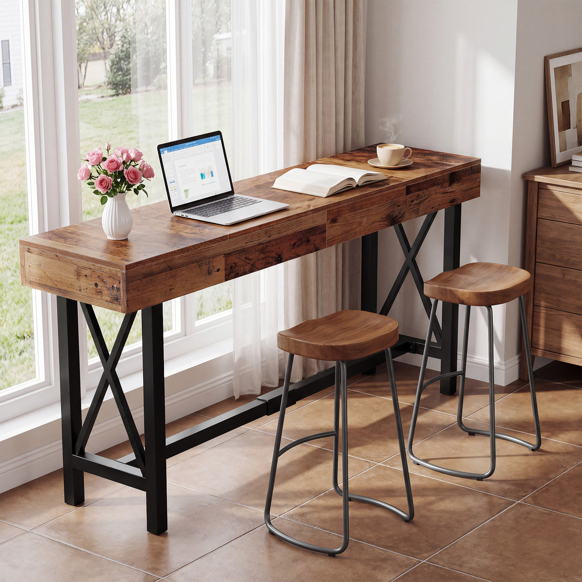 71" Counter Height Bar Table, Industrial Rectangular Pub Table with Metal Footrest