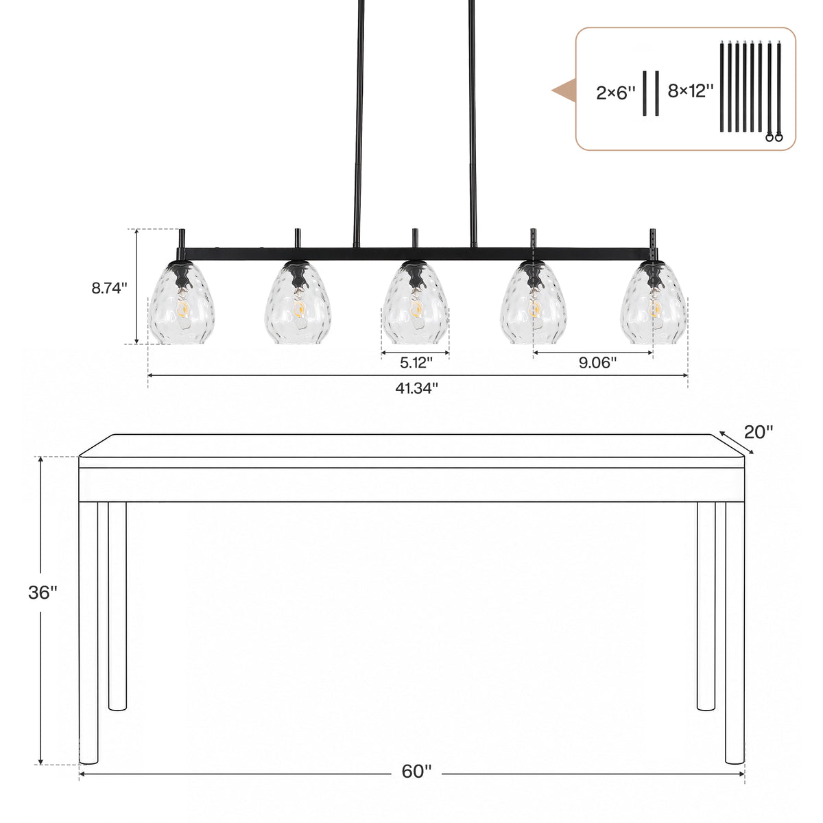 5-Light 41" Black Linear Pendant Light, Kitchen Island Light with Clear Glass Shade