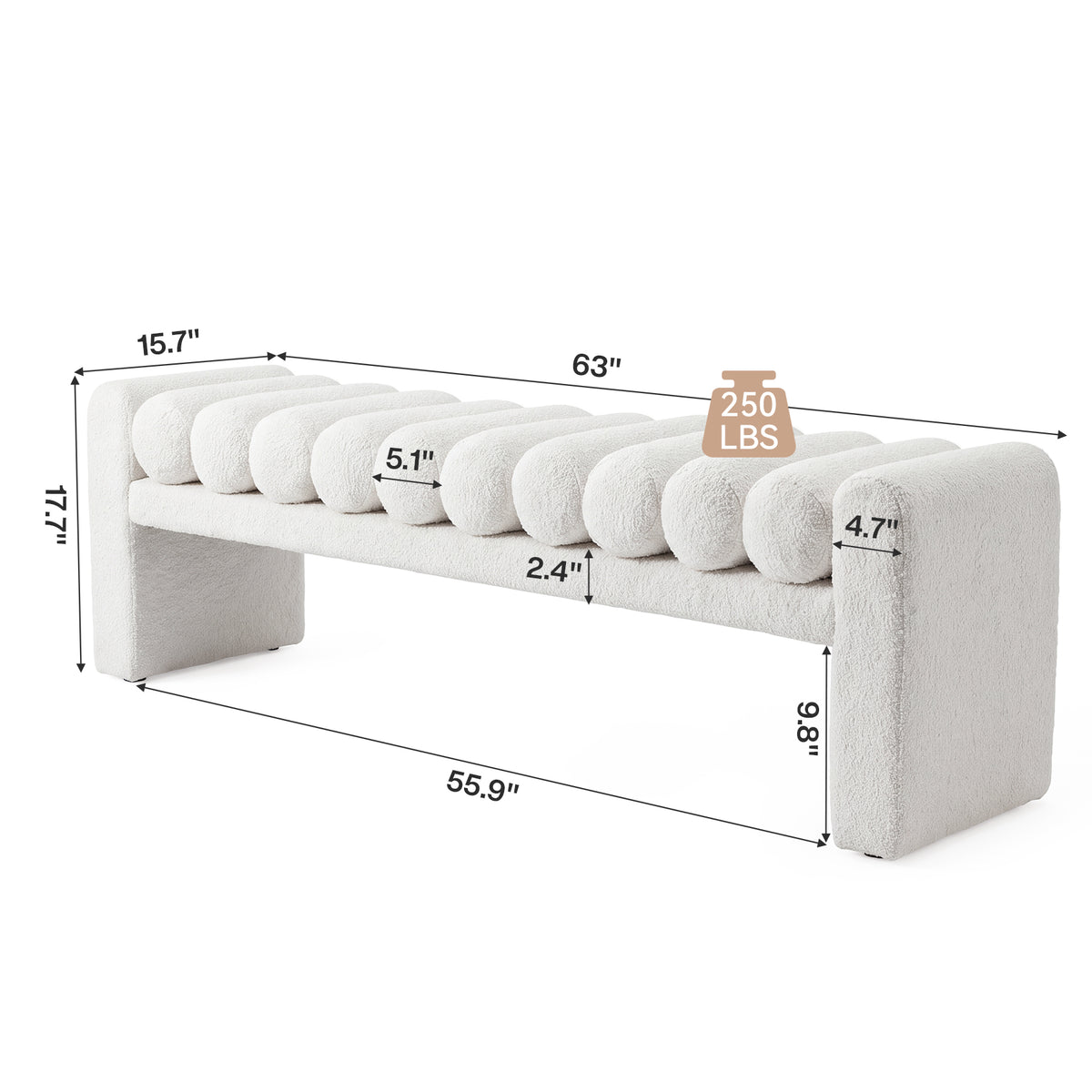 63" Modern Upholstered Entryway Bench with Removable Faux Lamb Wool Roll Cushions