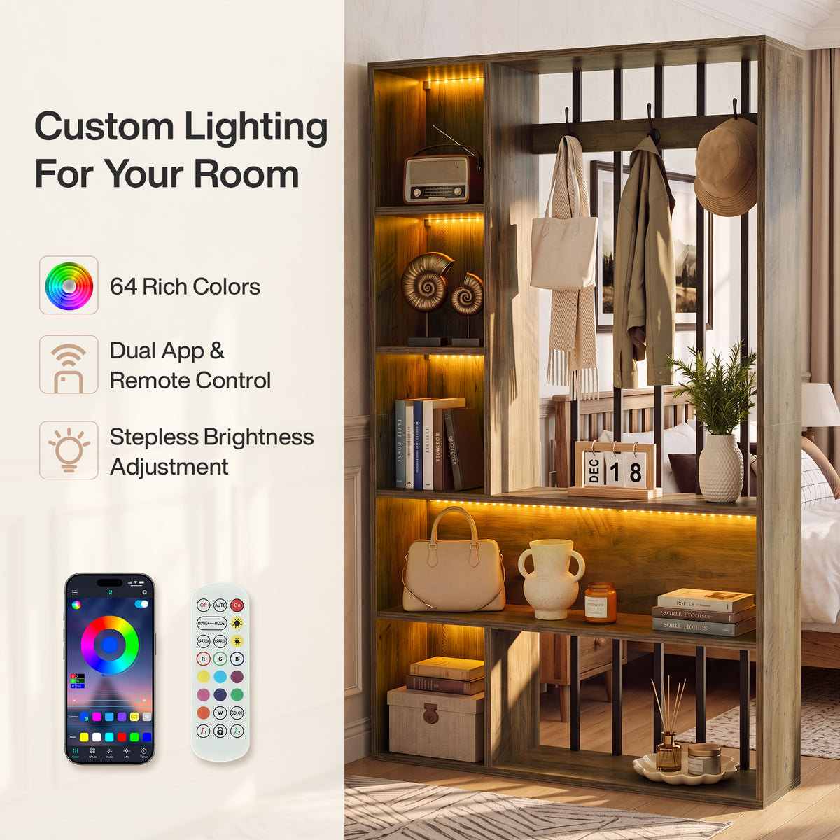 71" Modern Wood Room Divider with Shelves, Coat Hooks & LED Light, Freestanding