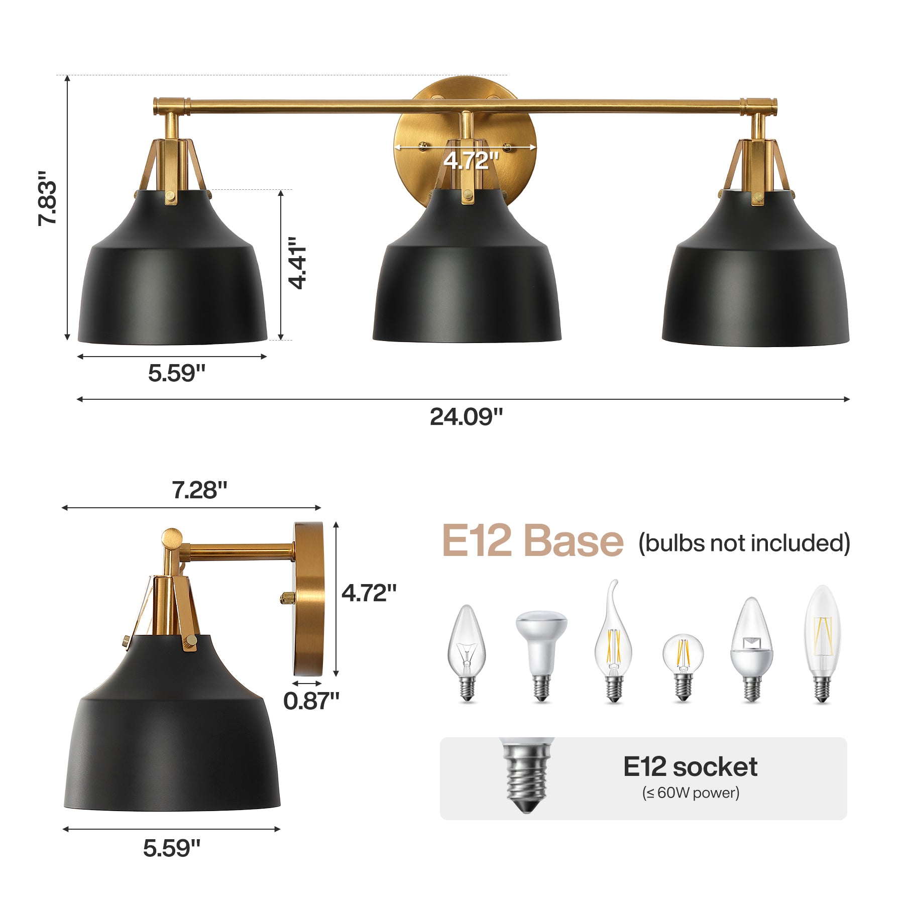 3-Light Bathroom Vanity Light, 24" Wall Light Fixtures with Metal Shade