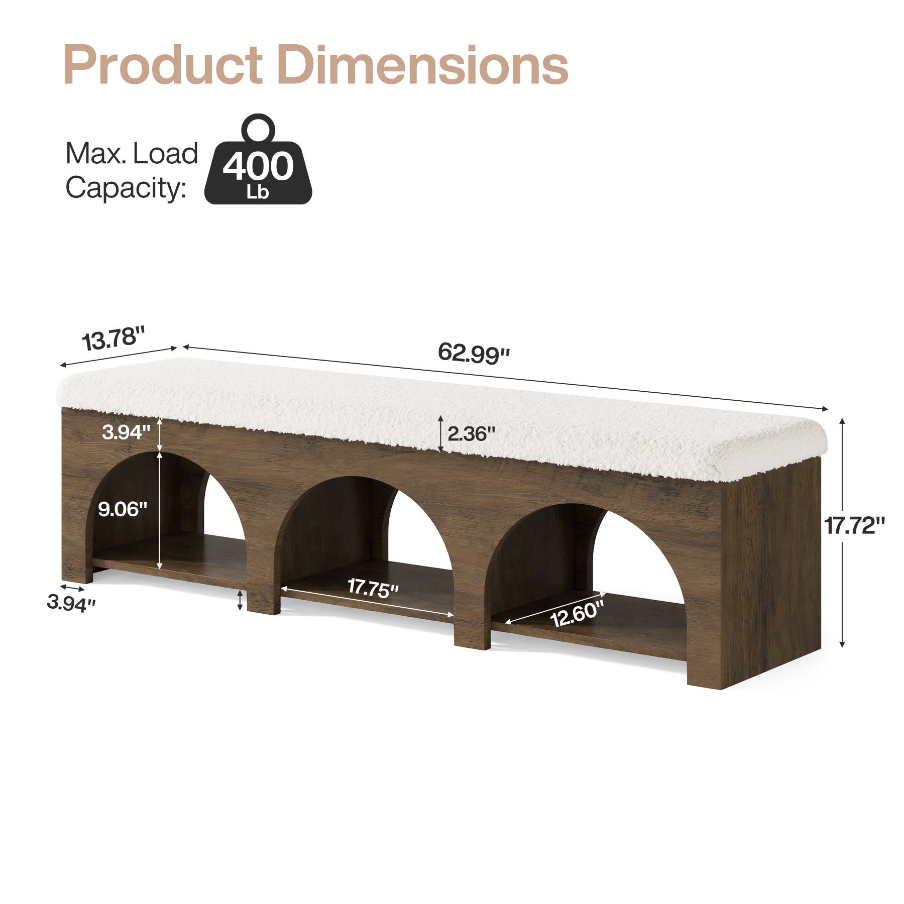 63" Upholstered Entryway Bench, 2-Tier Shoe Bench with Cushion and Shelf