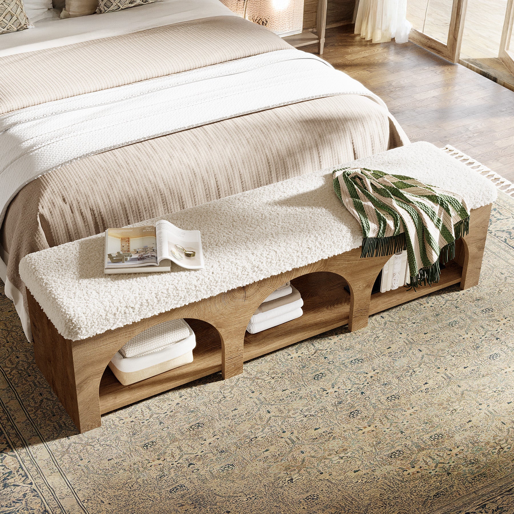 63" Upholstered Entryway Bench, 2-Tier Shoe Bench with Cushion and Shelf