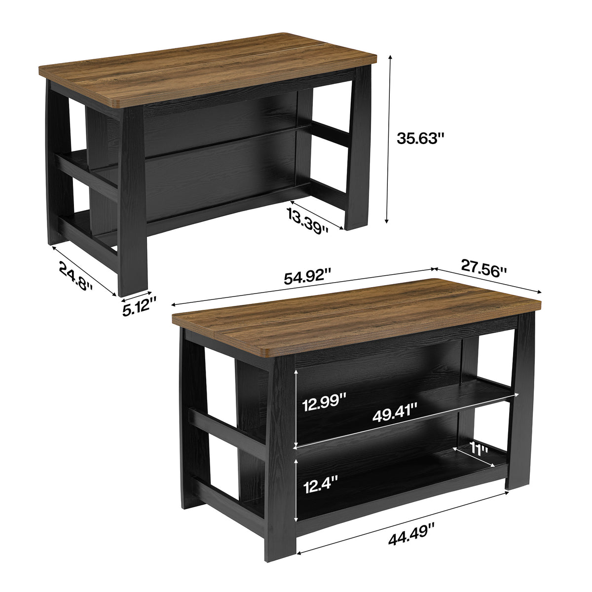 55" Farmhouse Wooden Kitchen Island with Seating Space & 2-Tier Open Storage