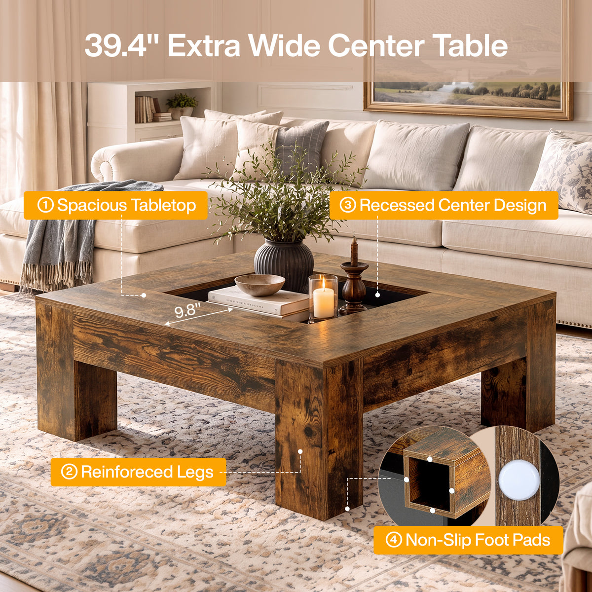 39.4" Square Coffee Table, Farmhouse Center Table with Recessed Center Display