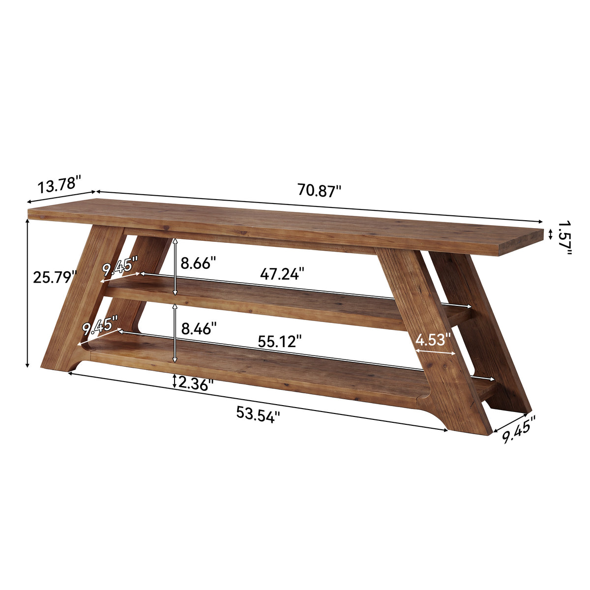 70.87" Solid Wood Console Table, 3-Tier Entryway Table Sofa Table for Living Room
