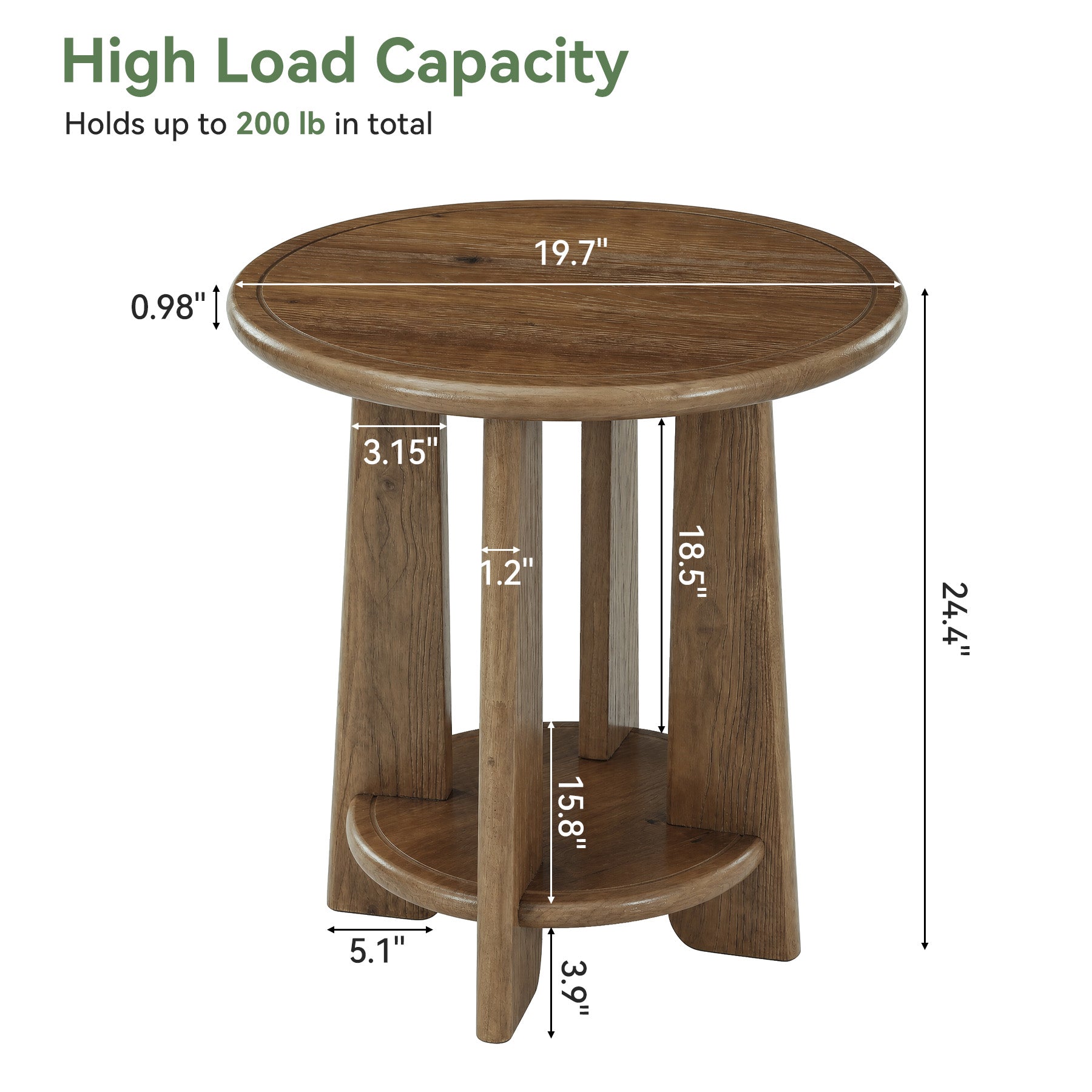Round Solid Wood End Table, 2-Tier Side Table Nightstand with Shelf for Small Space